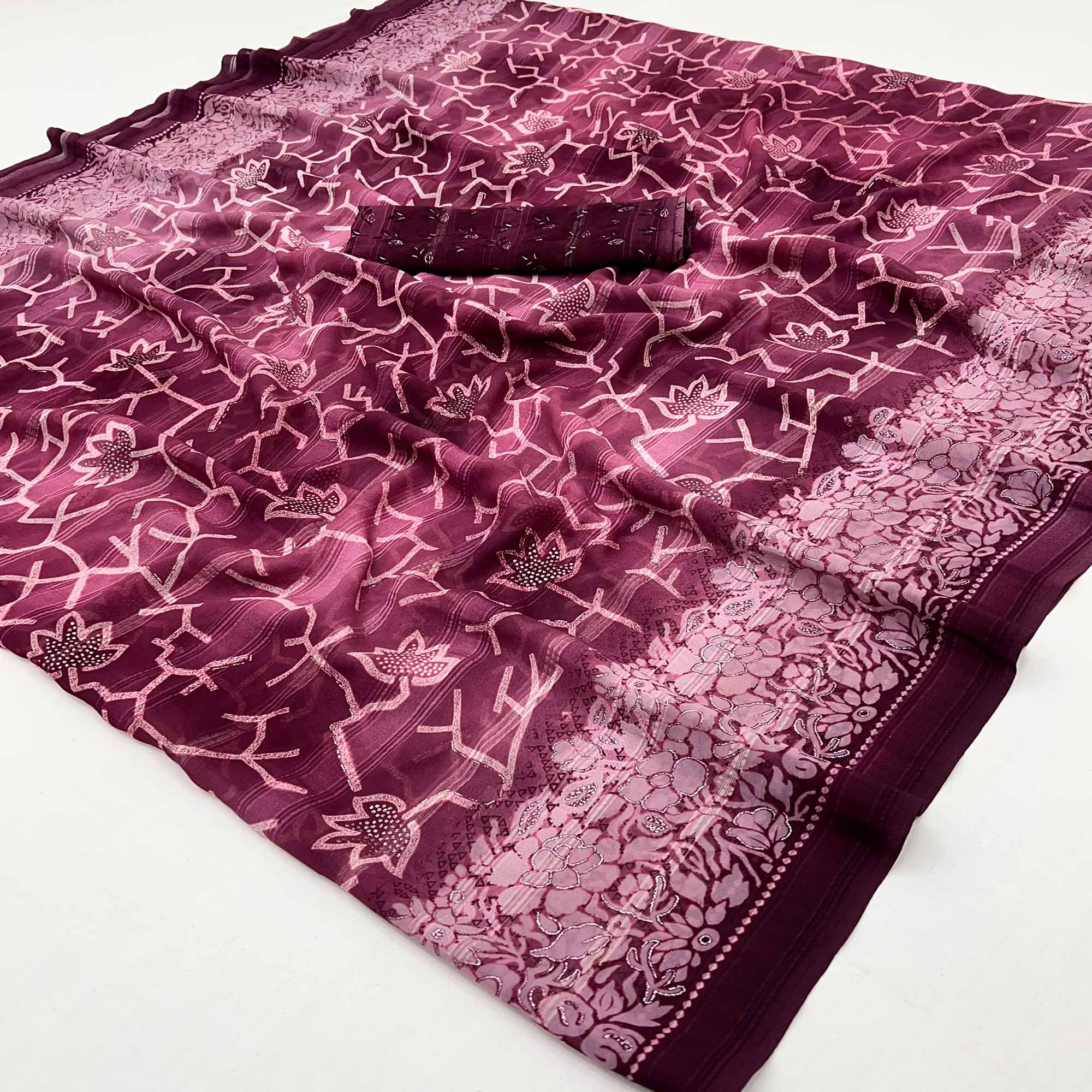 Dark Wine Floral Printed Georgette Saree