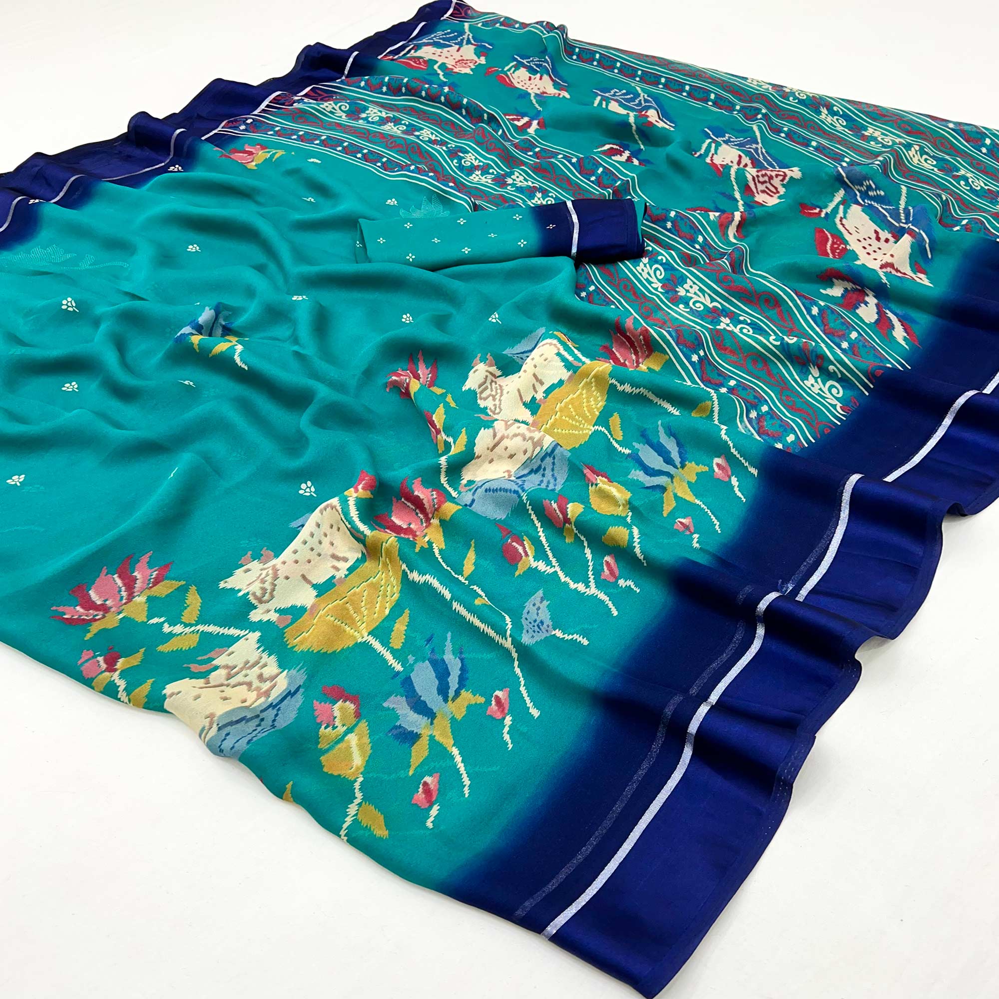 Rama Blue Floral Printed Georgette Saree With Satin Border