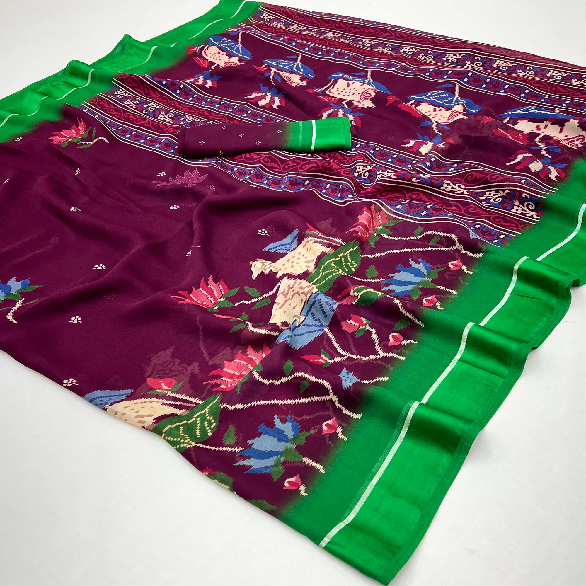Wine Floral Printed Georgette Saree With Satin Border