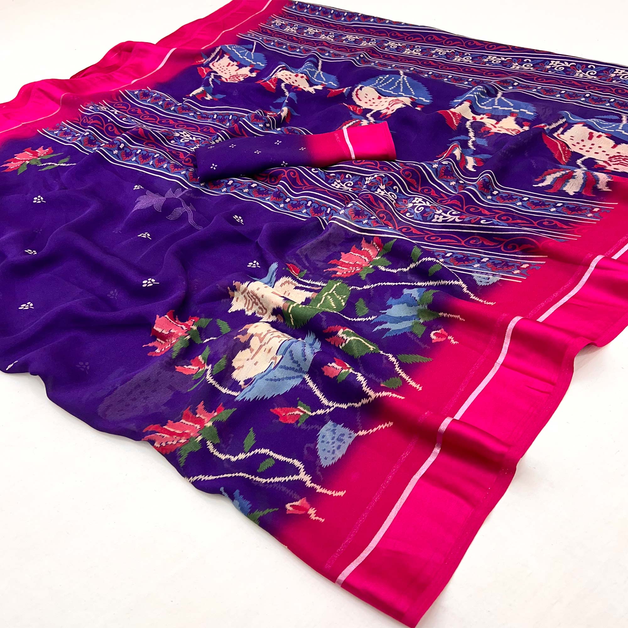Violet Floral Printed Georgette Saree With Satin Border