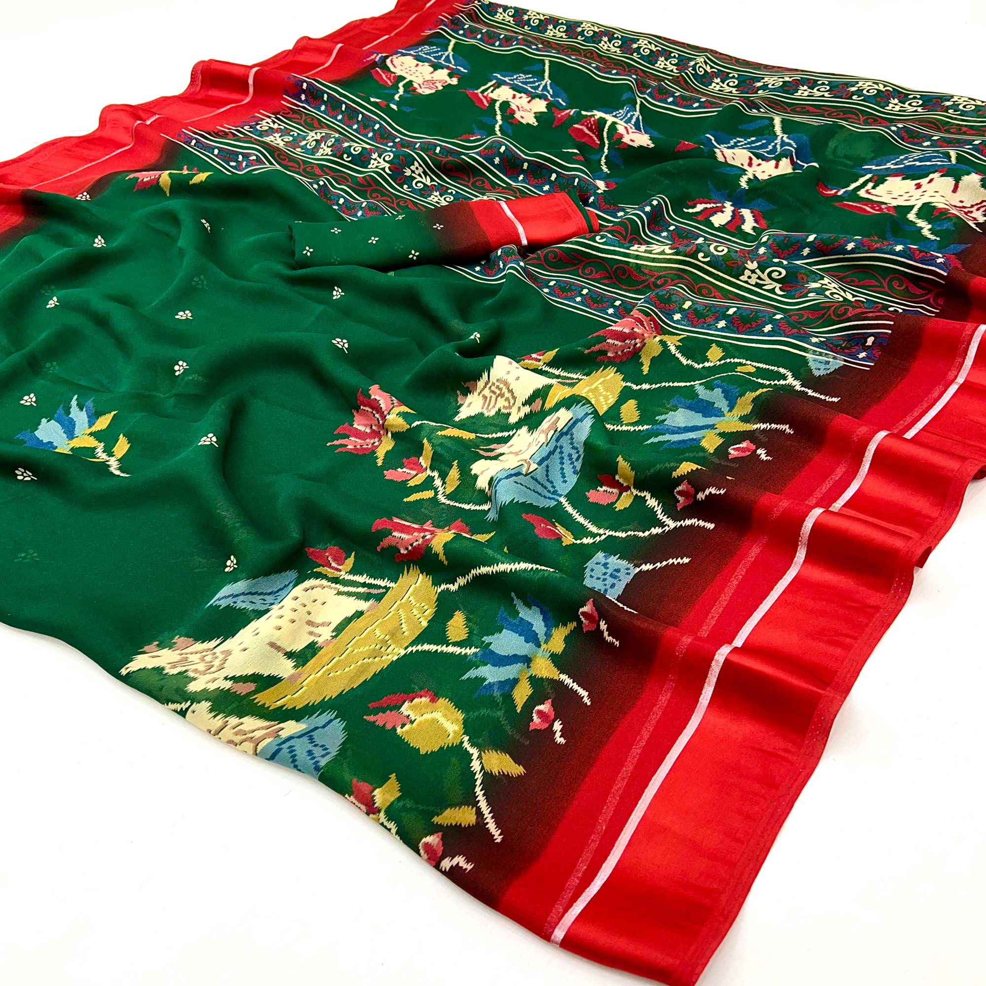 Green Floral Printed Georgette Saree With Satin Border