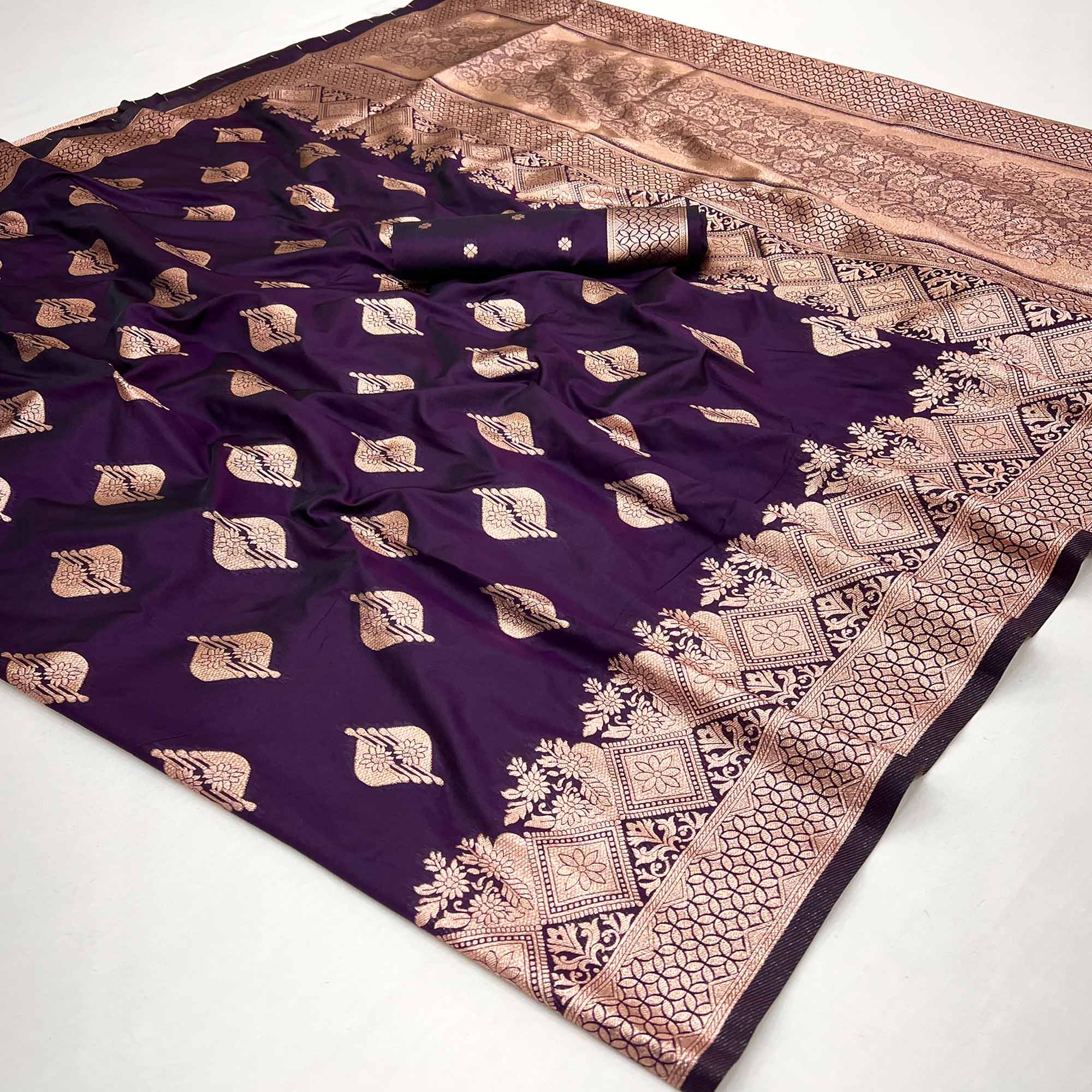 Wine Floral Woven Banarasi Silk Saree