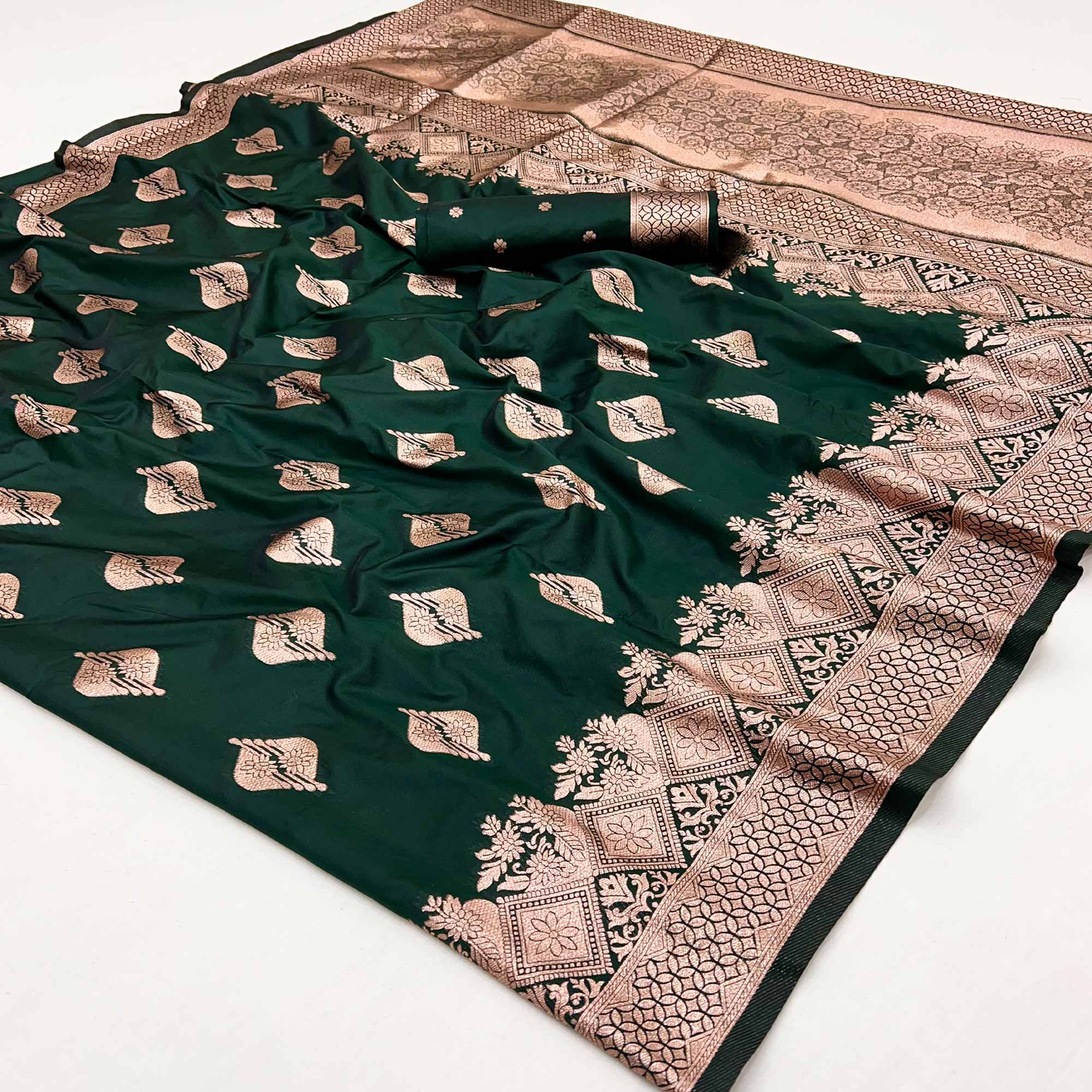 Bottle Green Floral Woven Banarasi Silk Saree