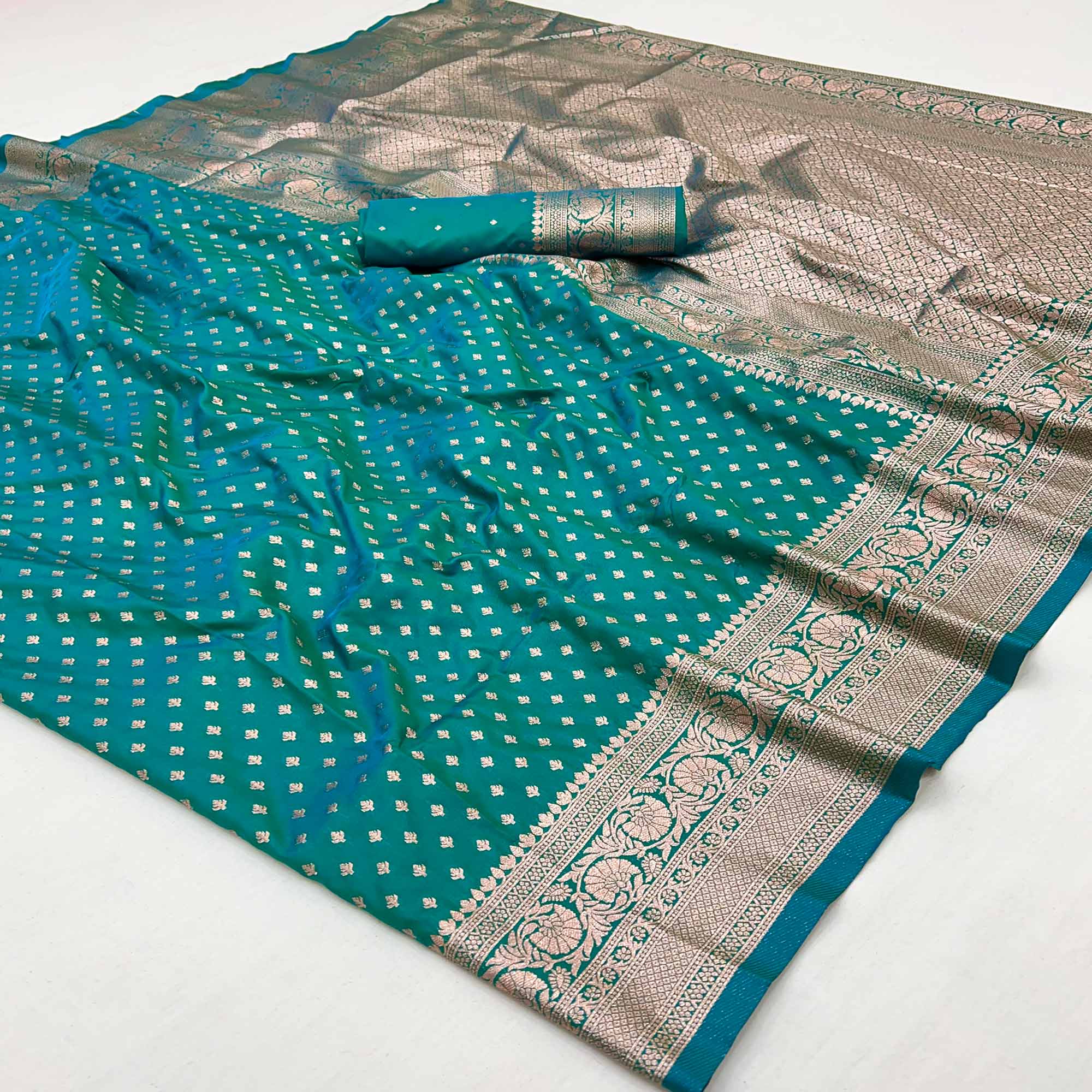 Rama Blue Floral Woven Banarasi Silk Saree