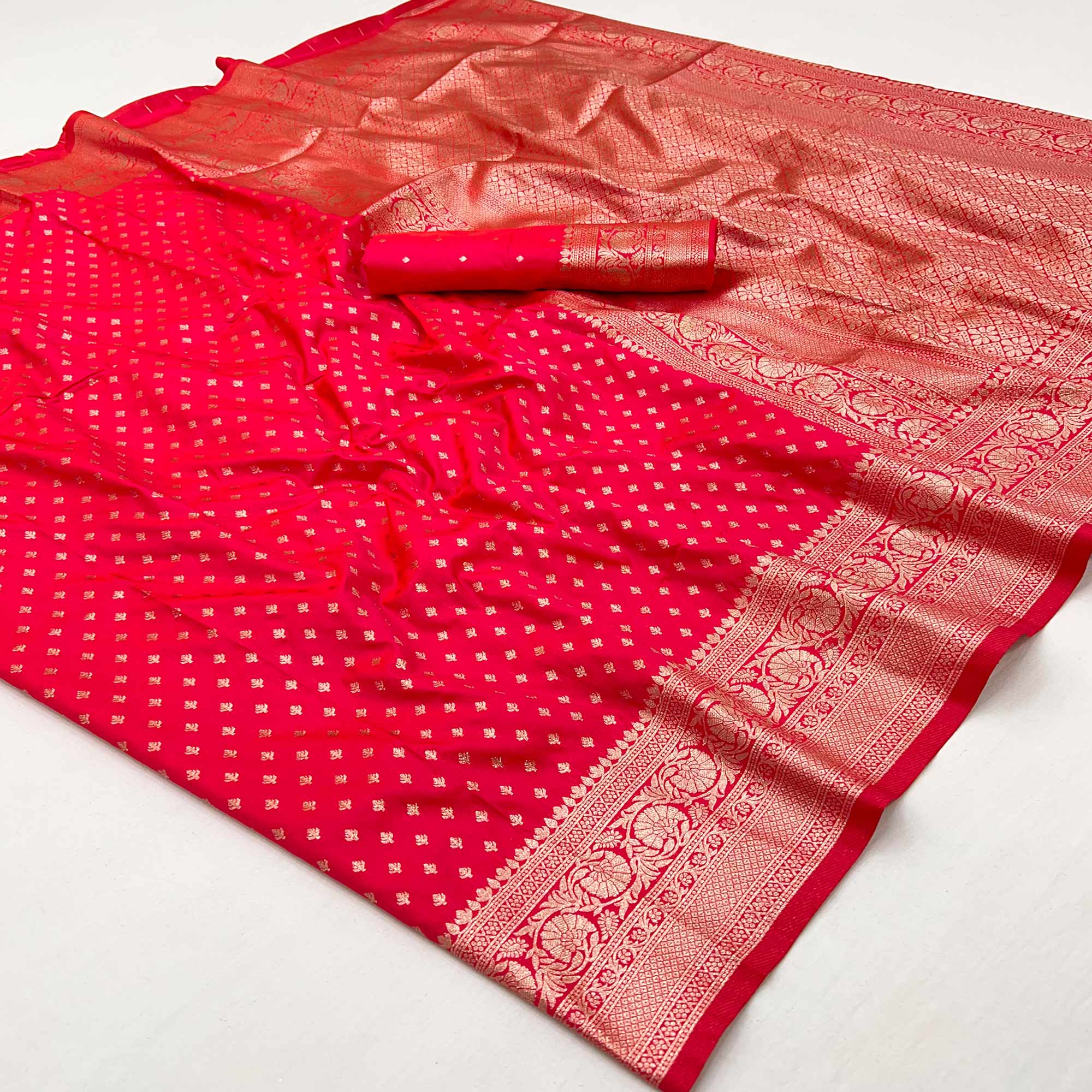 Cherry Red Floral Woven Banarasi Silk Saree