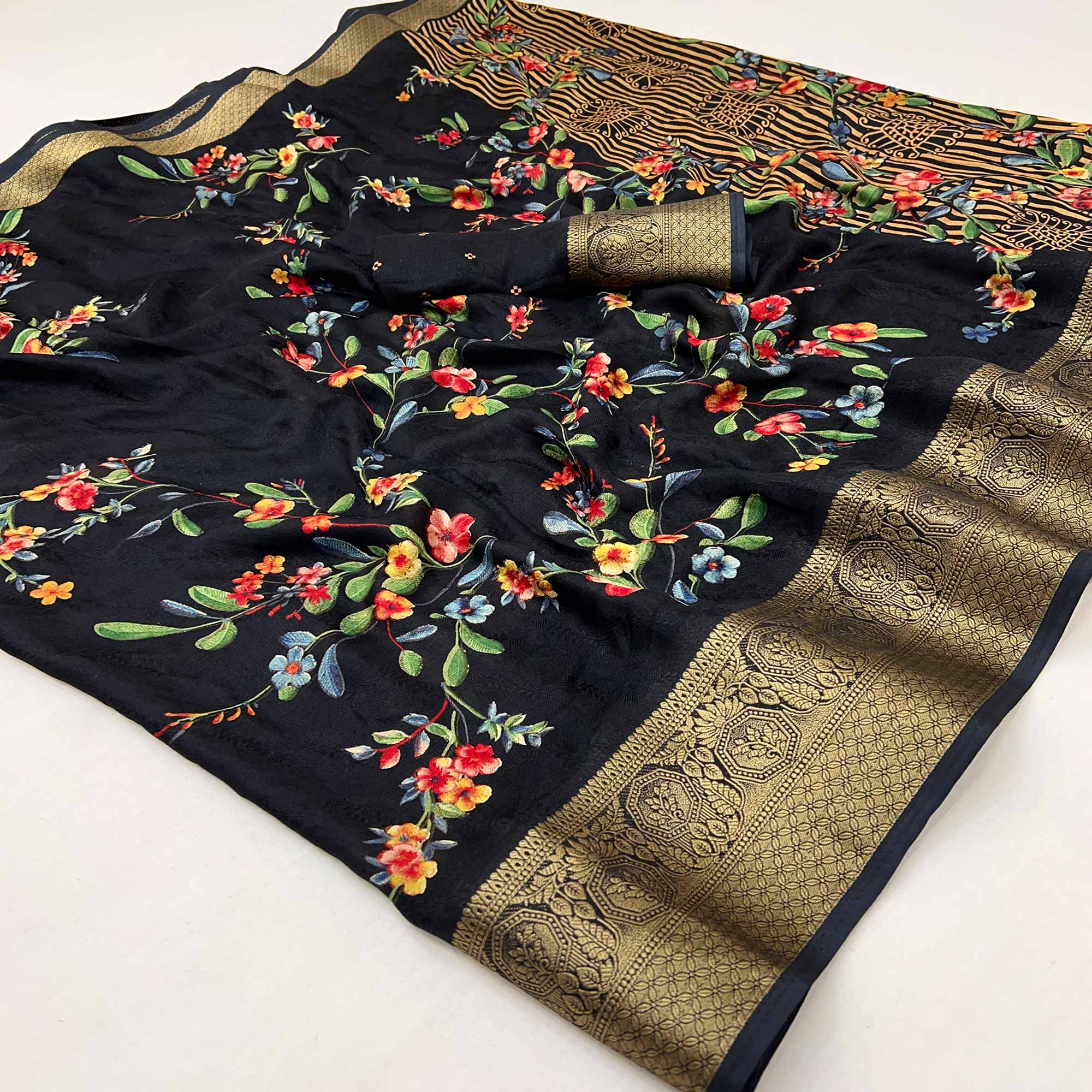 Black Floral Printed Georgette Saree With Woven Border