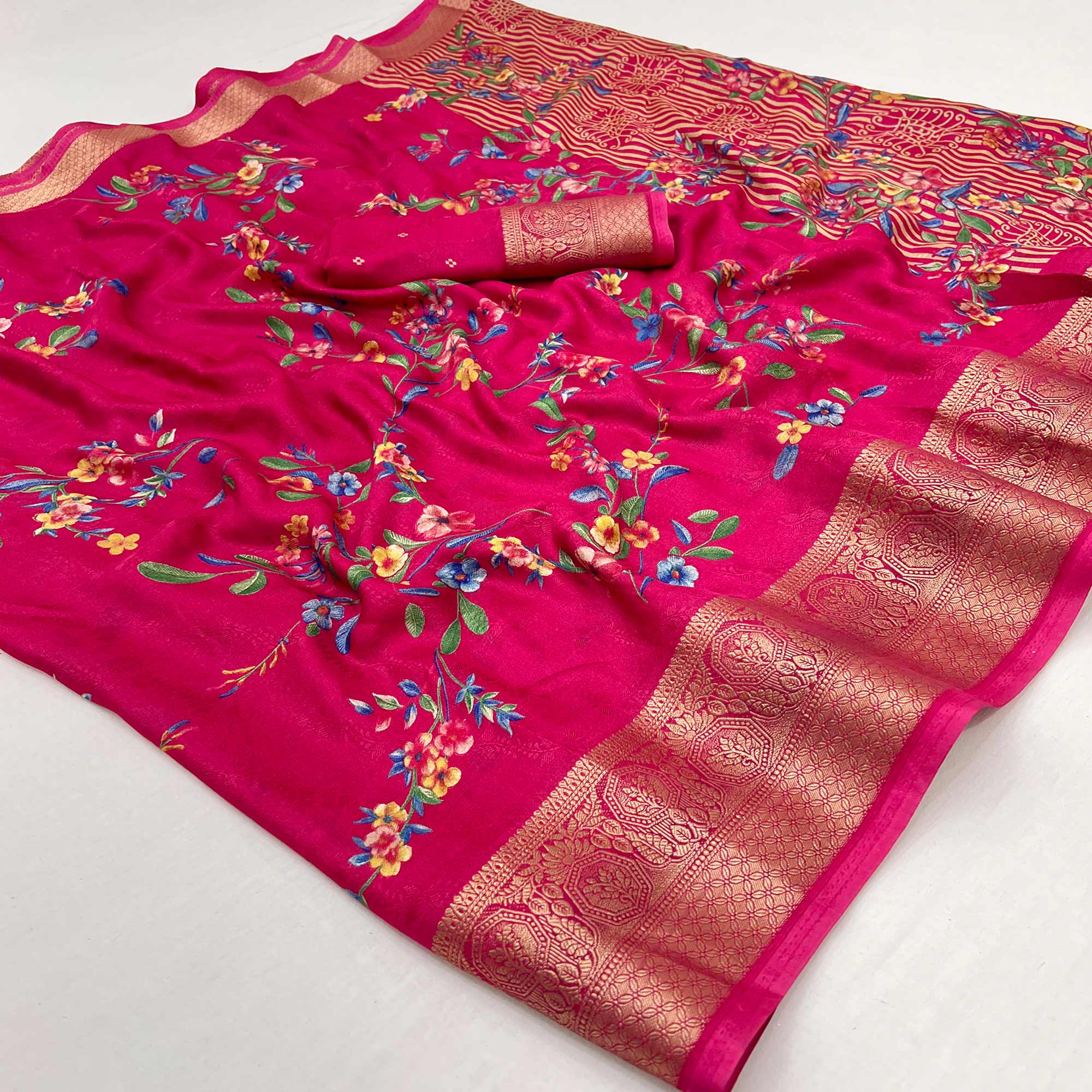 Pink Floral Printed Georgette Saree With Woven Border