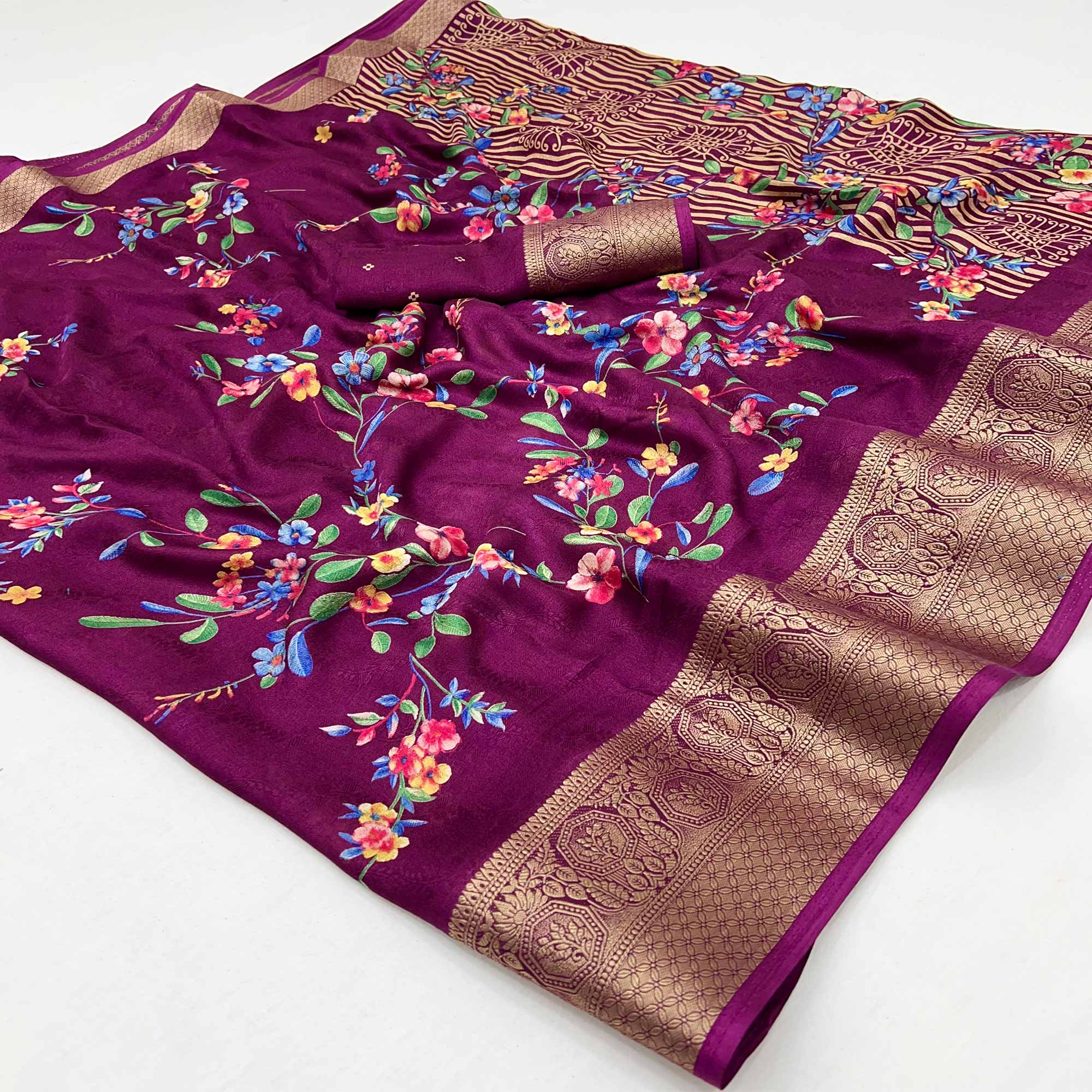 Purple Floral Printed Georgette Saree With Woven Border