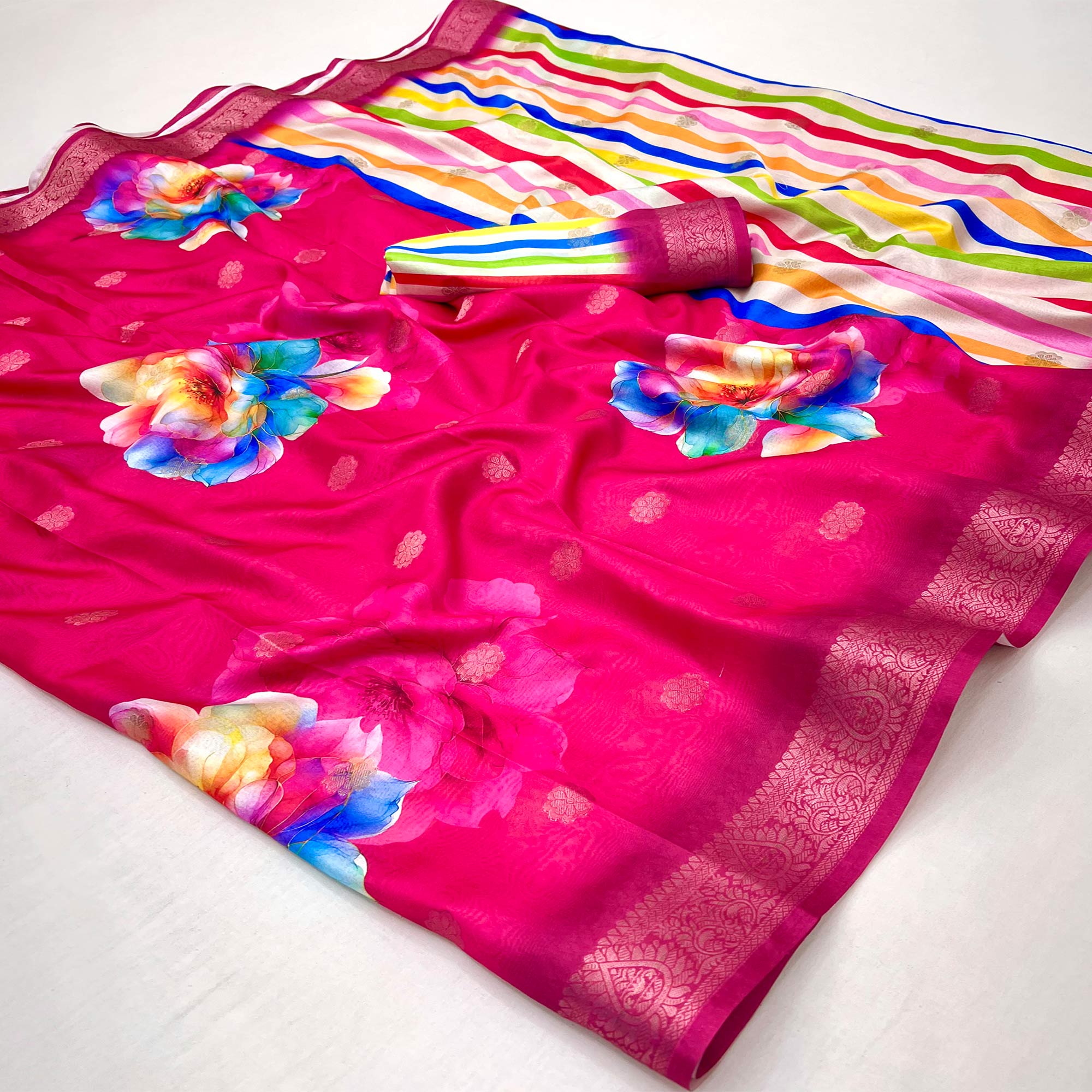 Rani Pink Floral Digital Printed Dola Silk Saree With Woven Border