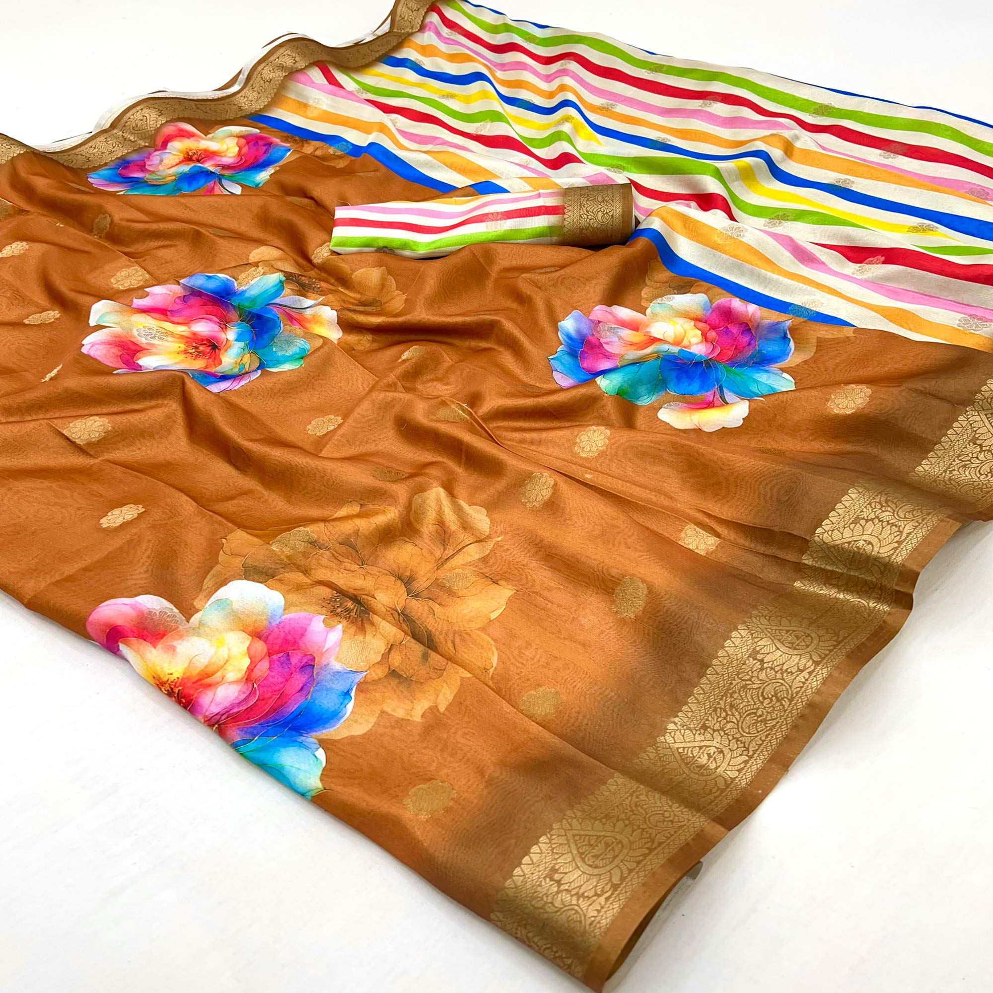 Mustard Floral Digital Printed Dola Silk Saree With Woven Border
