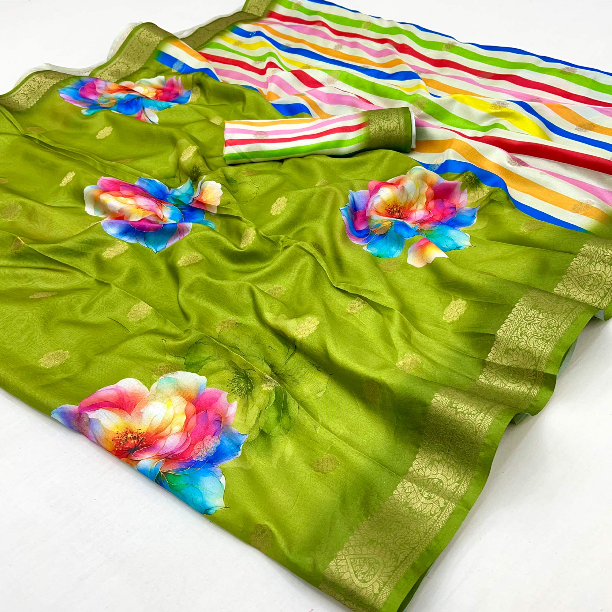 Green Floral Digital Printed Dola Silk Saree With Woven Border