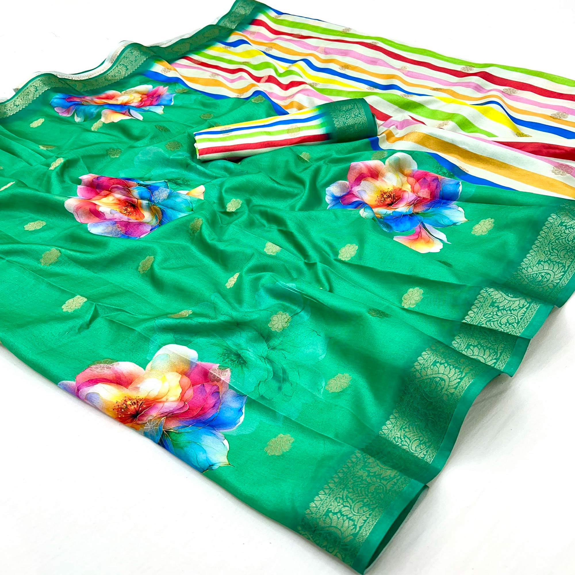 Green Floral Digital Printed Dola Silk Saree With Woven Border