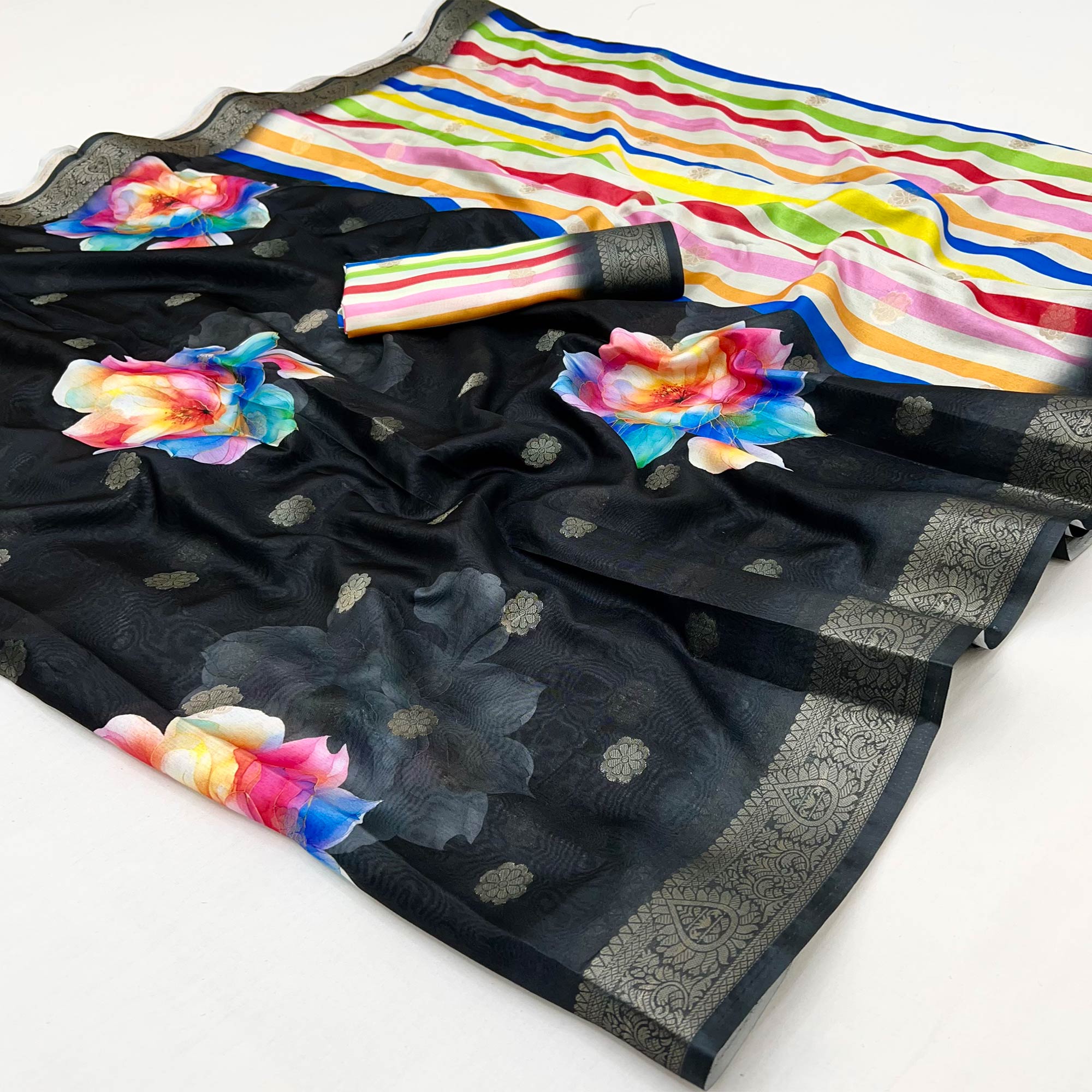 Black Floral Digital Printed Dola Silk Saree With Woven Border