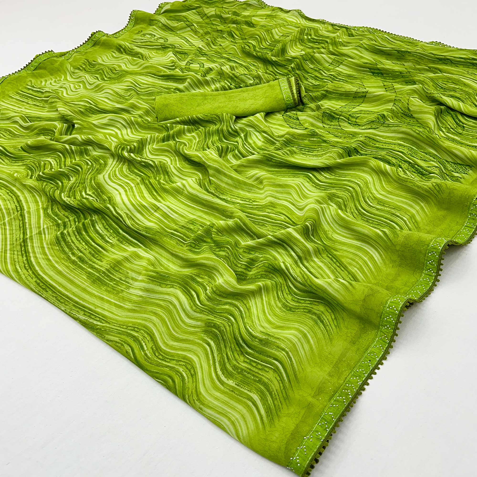 Green Printed Georgette Saree With Fancy Lace Border