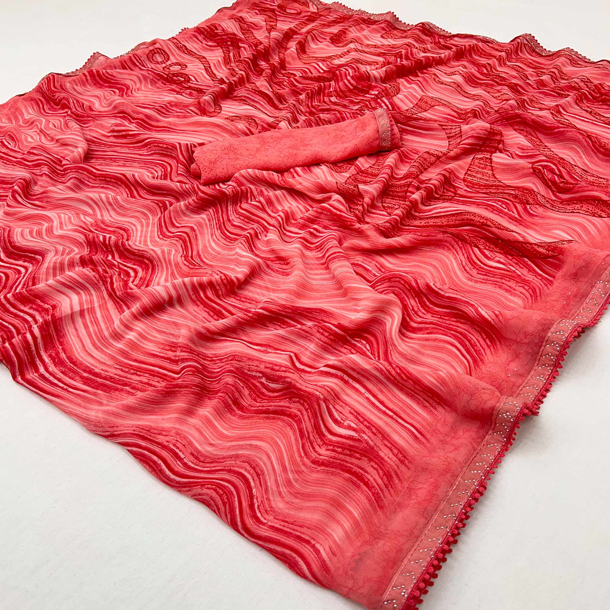 Gajari Pink Printed Georgette Saree With Fancy Lace Border