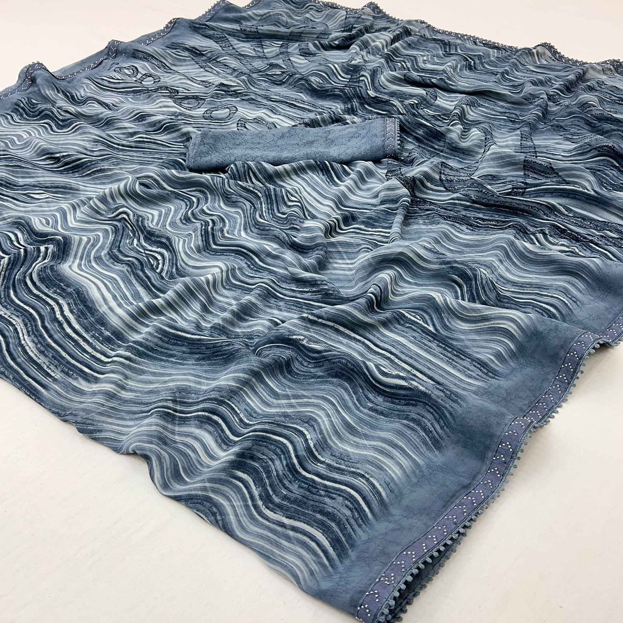 Grey Printed Georgette Saree With Fancy Lace Border