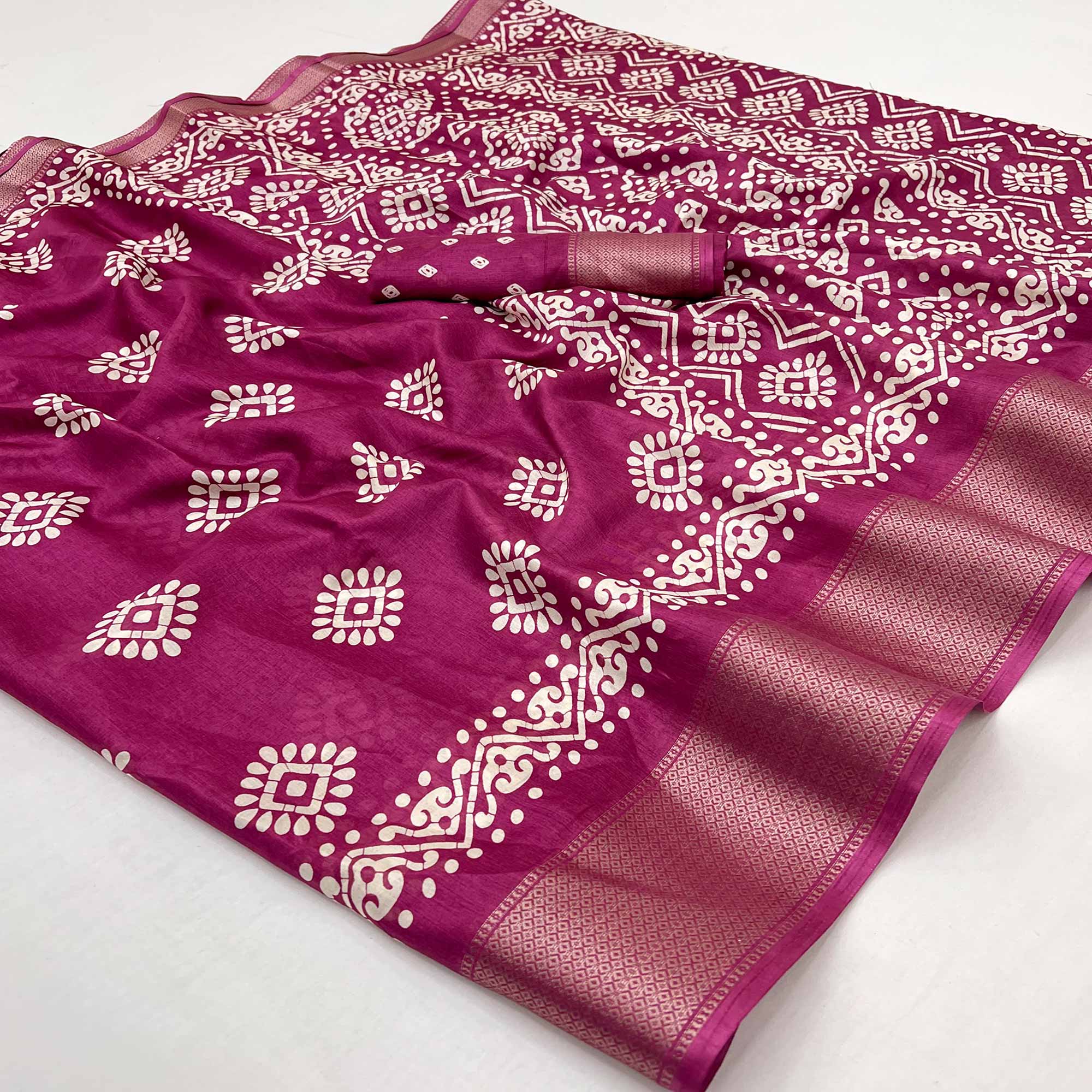 Dark Magenta Batik Printed Dola Silk Saree With Woven Border