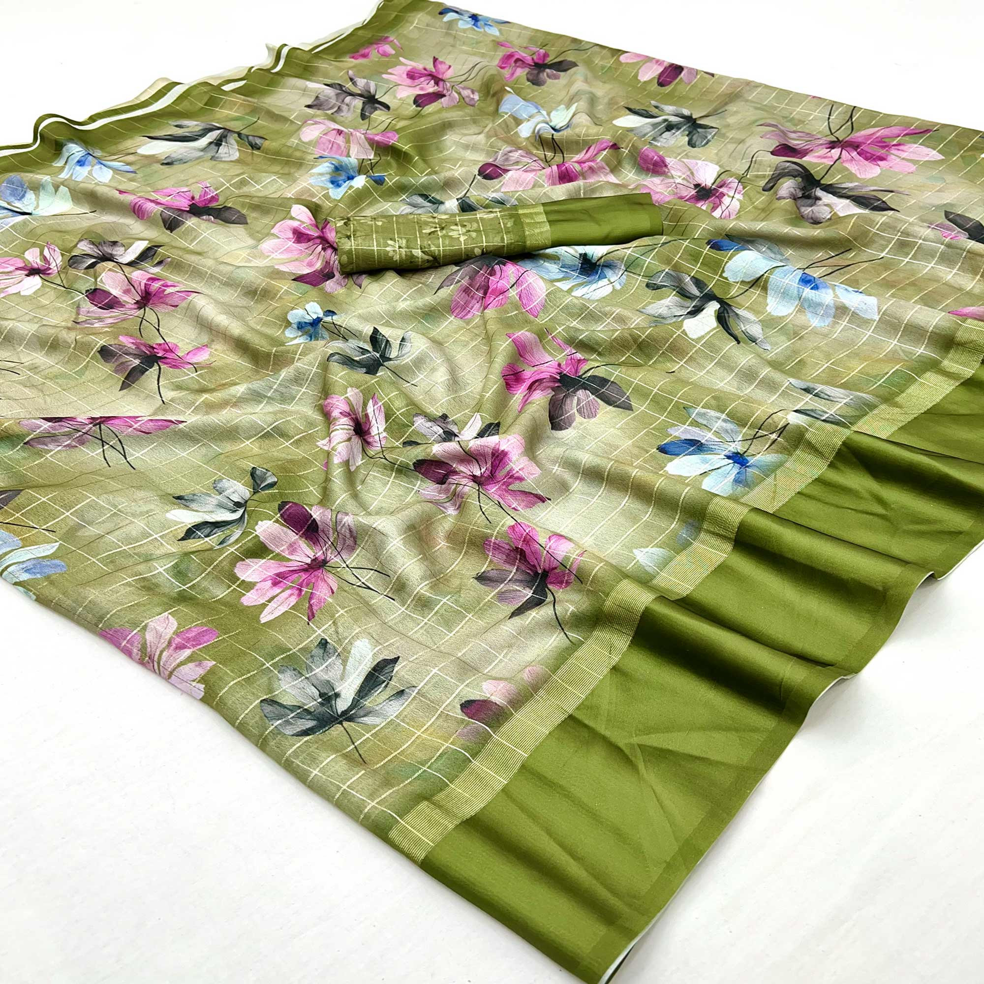 Green Floral Digital Printed With Zari Woven Georgette Saree