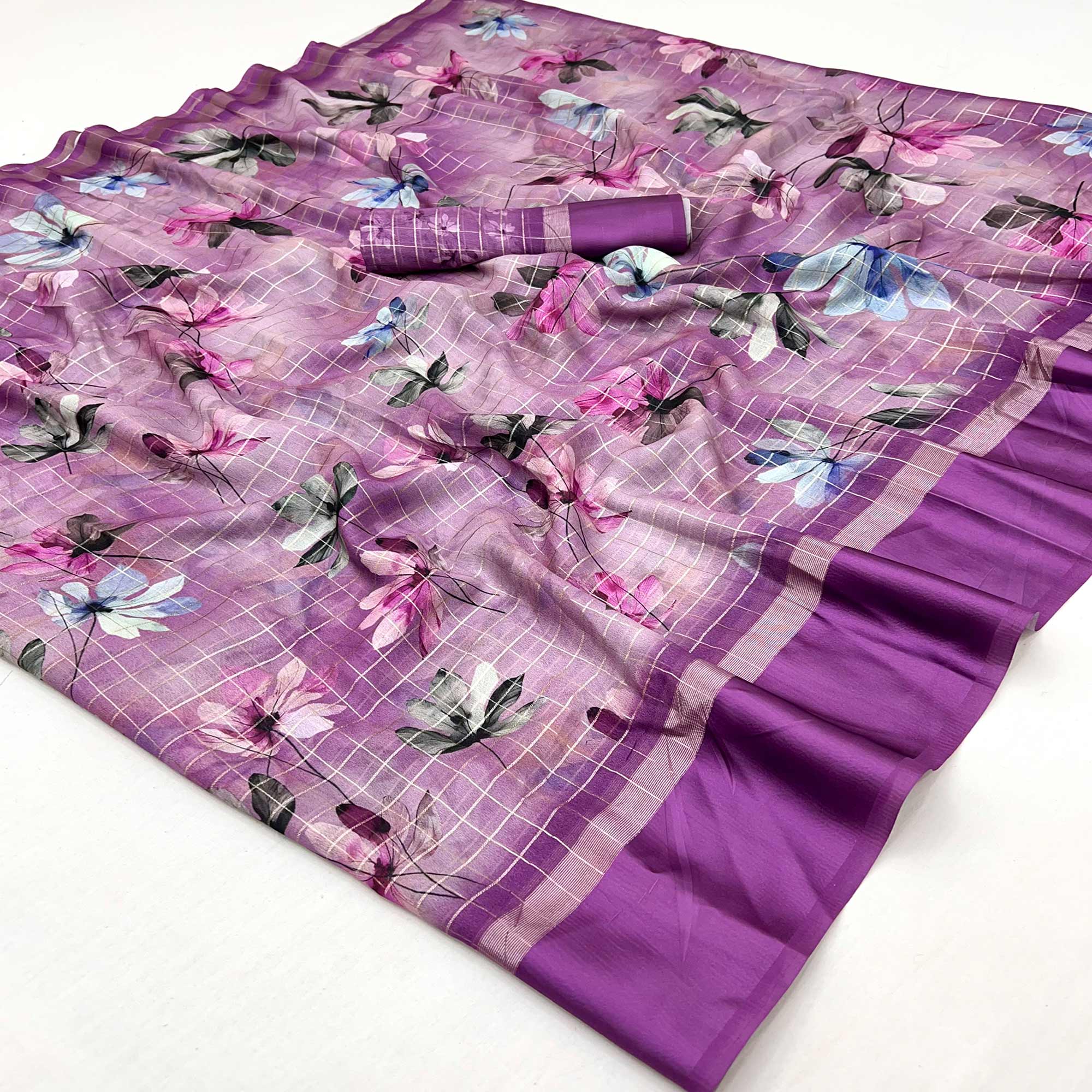 Purple Floral Digital Printed With Zari Woven Georgette Saree