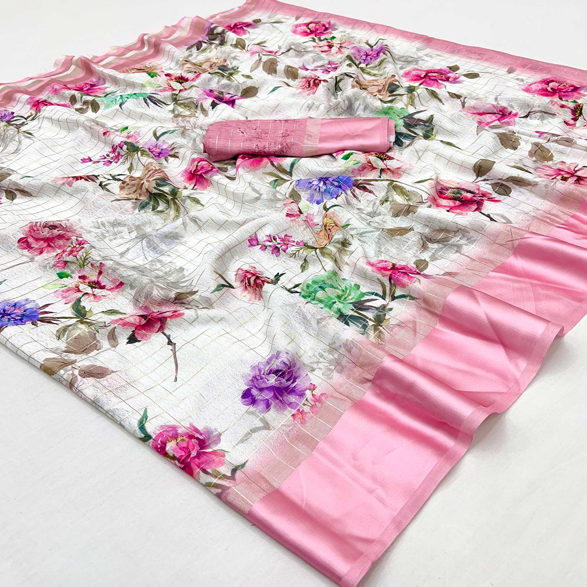 White Floral Digital Printed With Zari Woven Georgette Saree