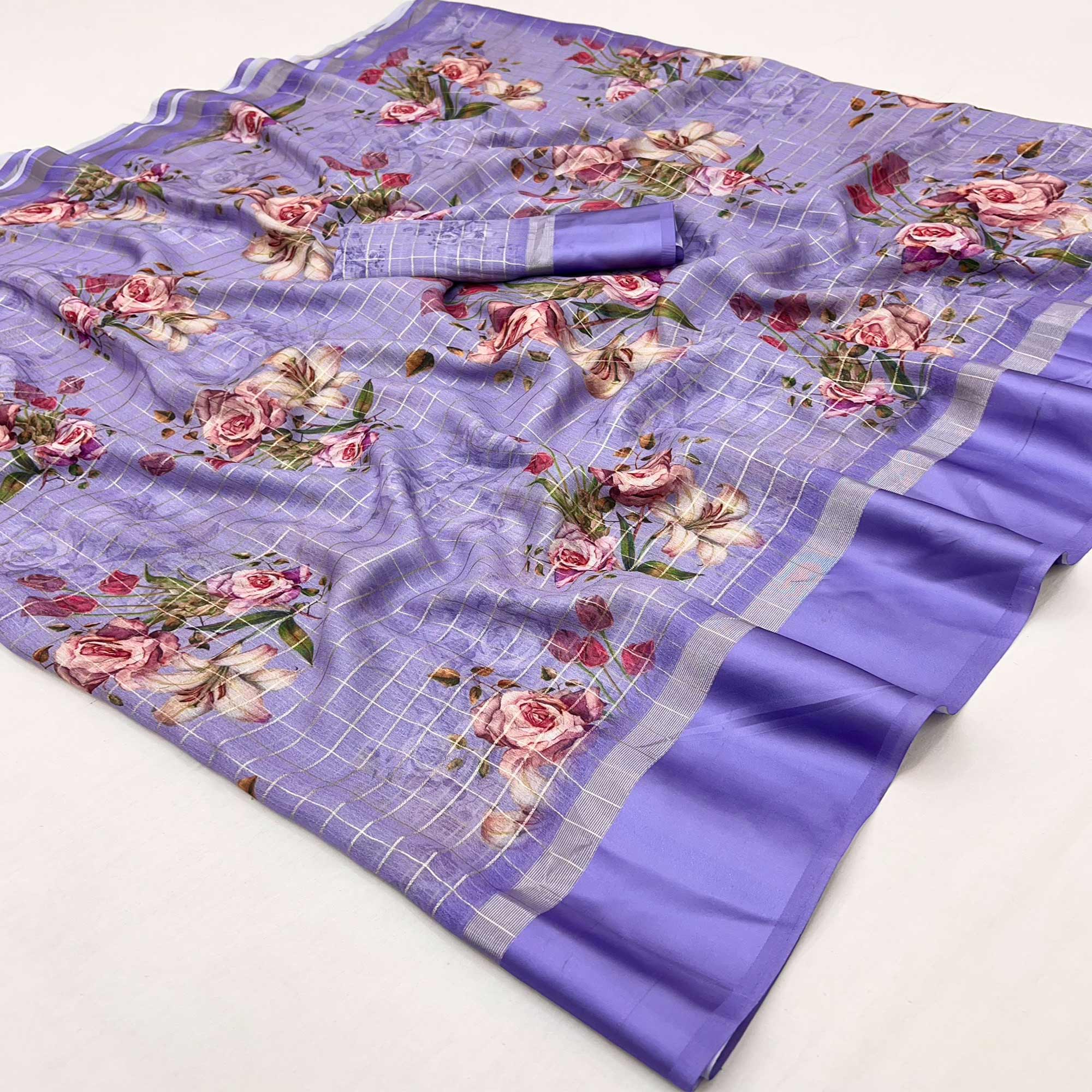 Lavender Floral Digital Printed With Zari Woven Georgette Saree