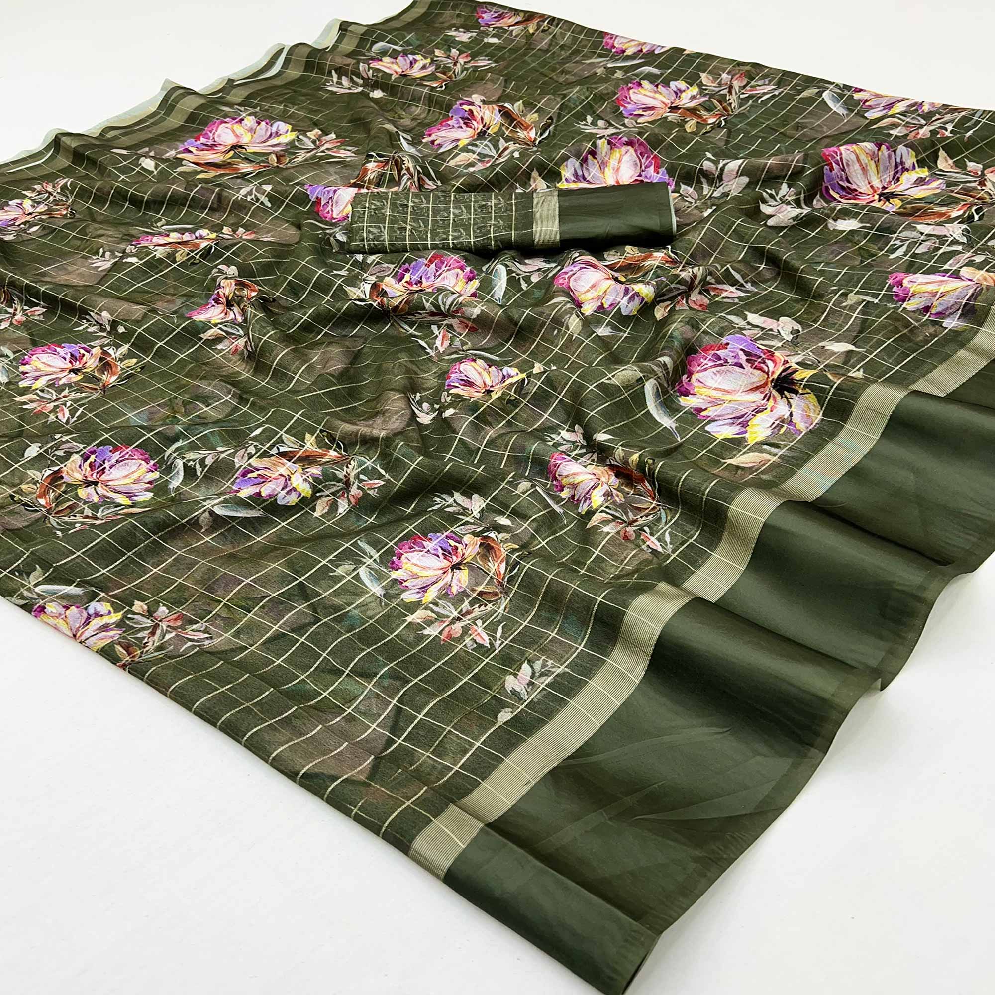 Mehendi Green Floral Digital Printed With Zari Woven Georgette Saree