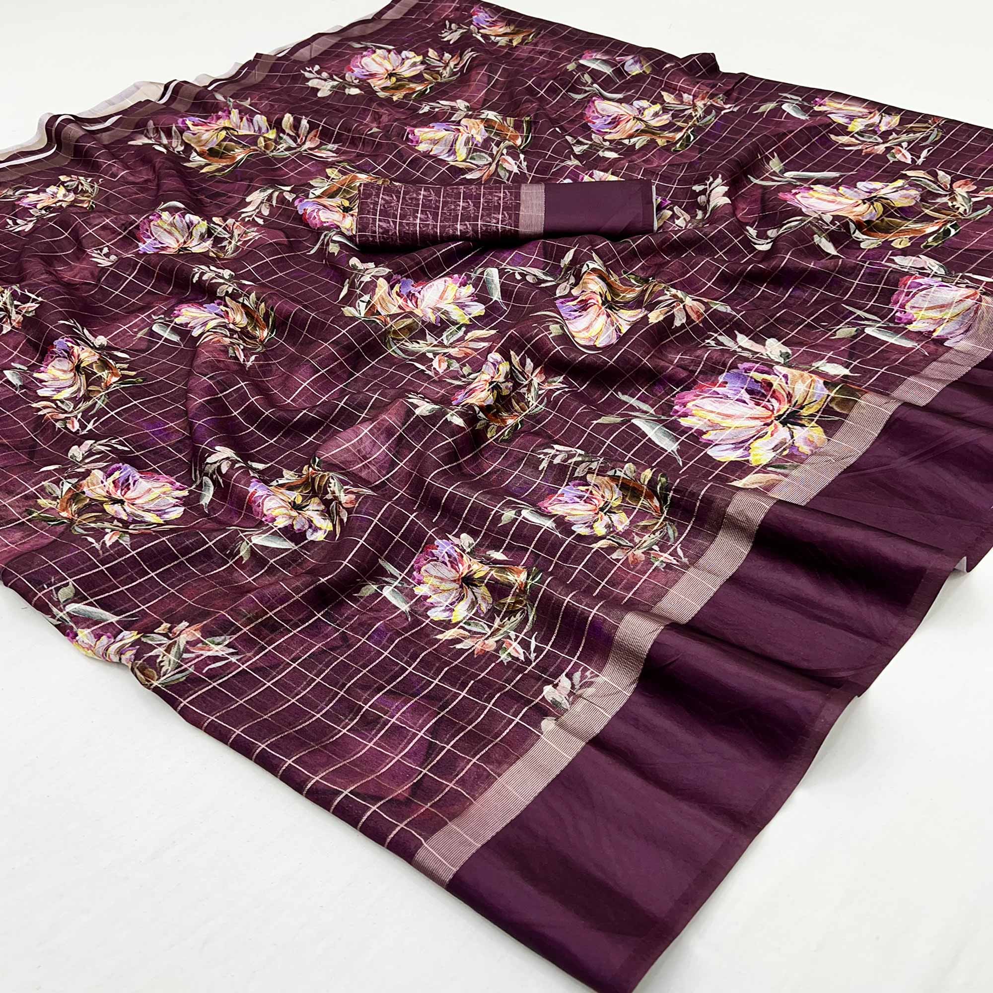 Wine Floral Digital Printed With Zari Woven Georgette Saree