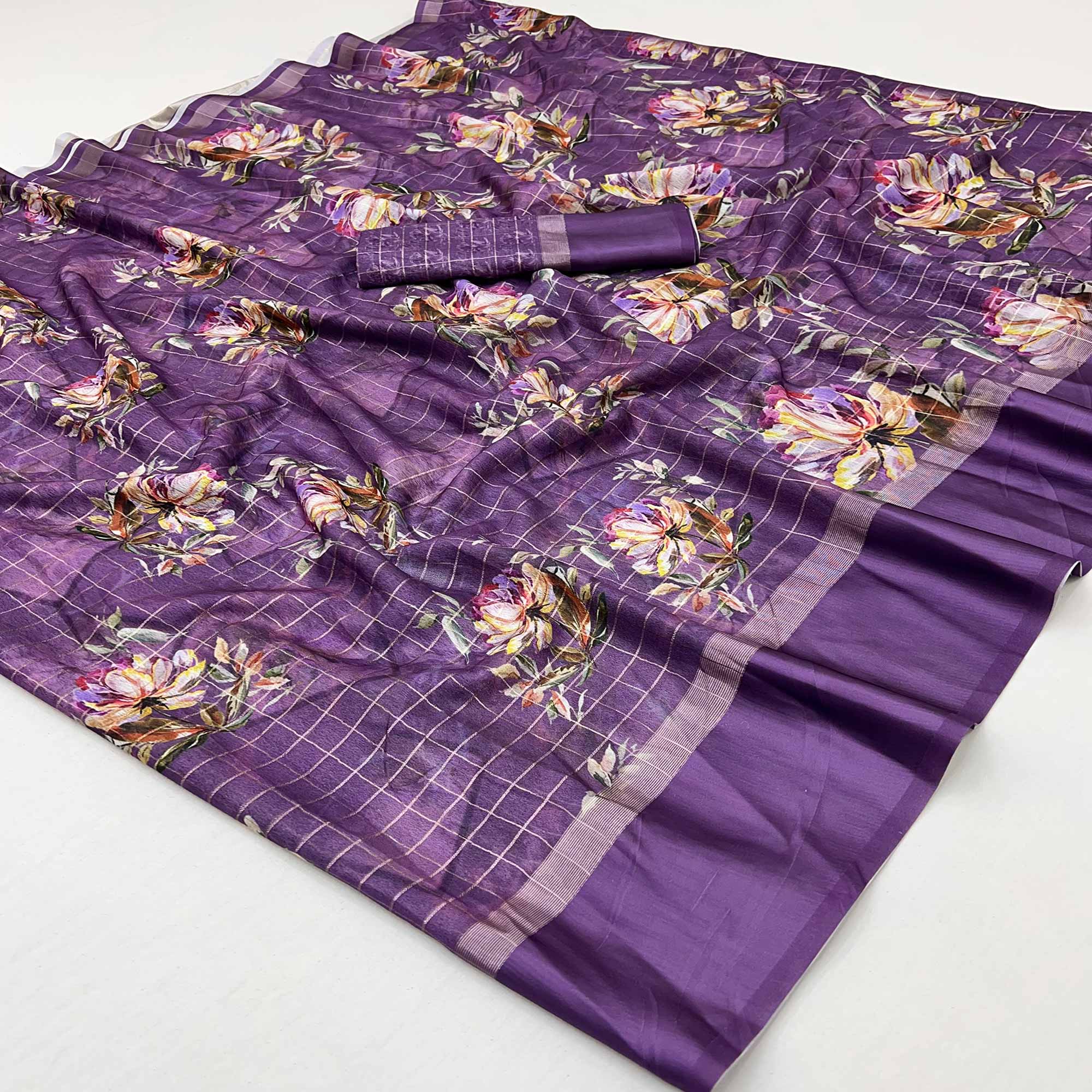 Purple Floral Digital Printed With Zari Woven Georgette Saree