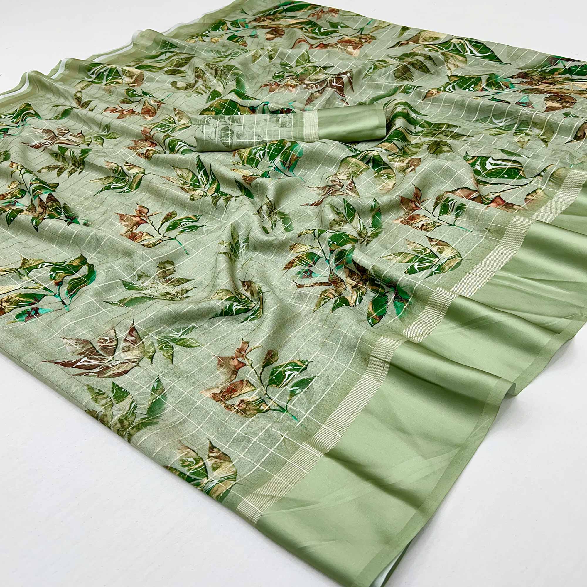 Green Floral Digital Printed With Zari Woven Georgette Saree