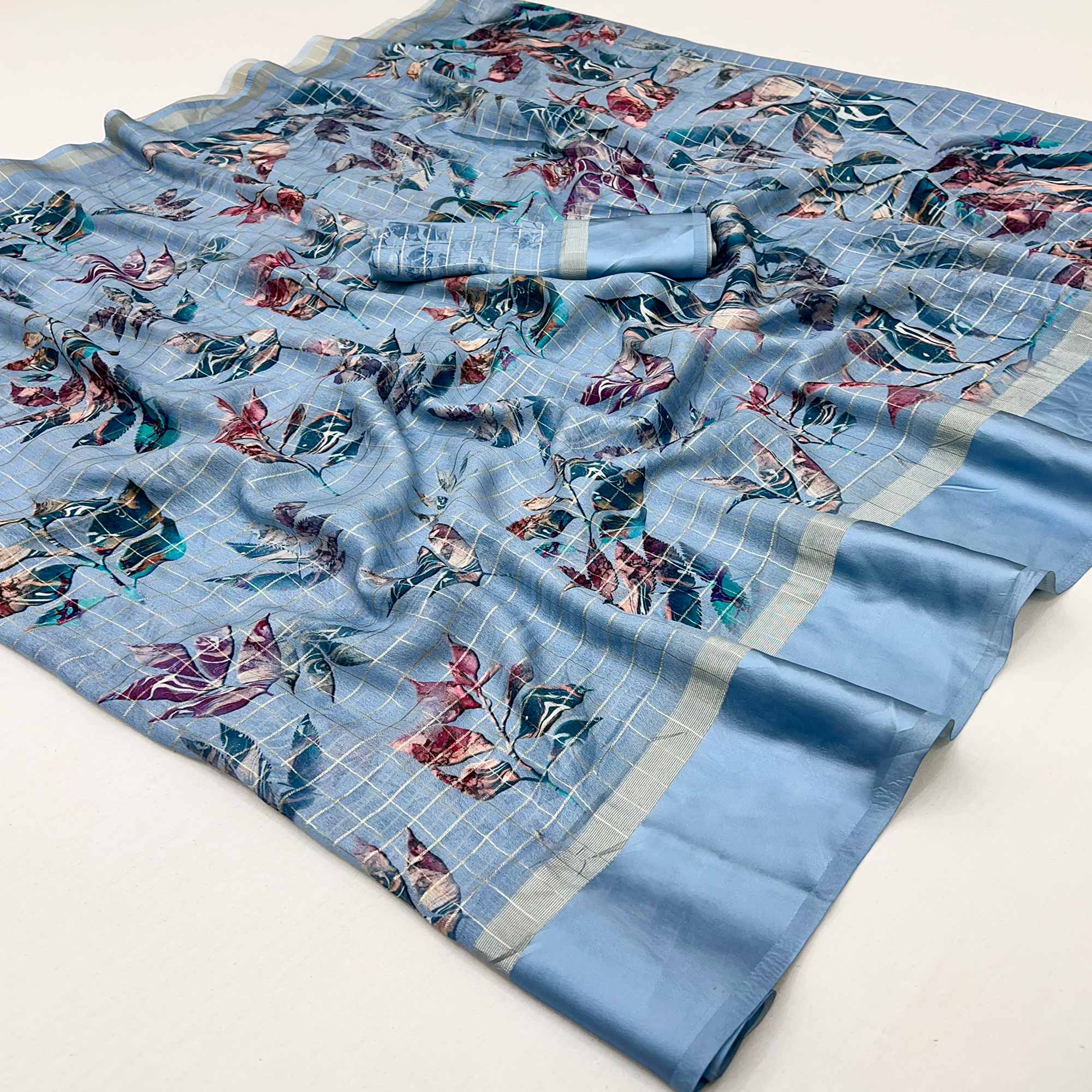 Bluyish Grey Floral Digital Printed With Zari Woven Georgette Saree