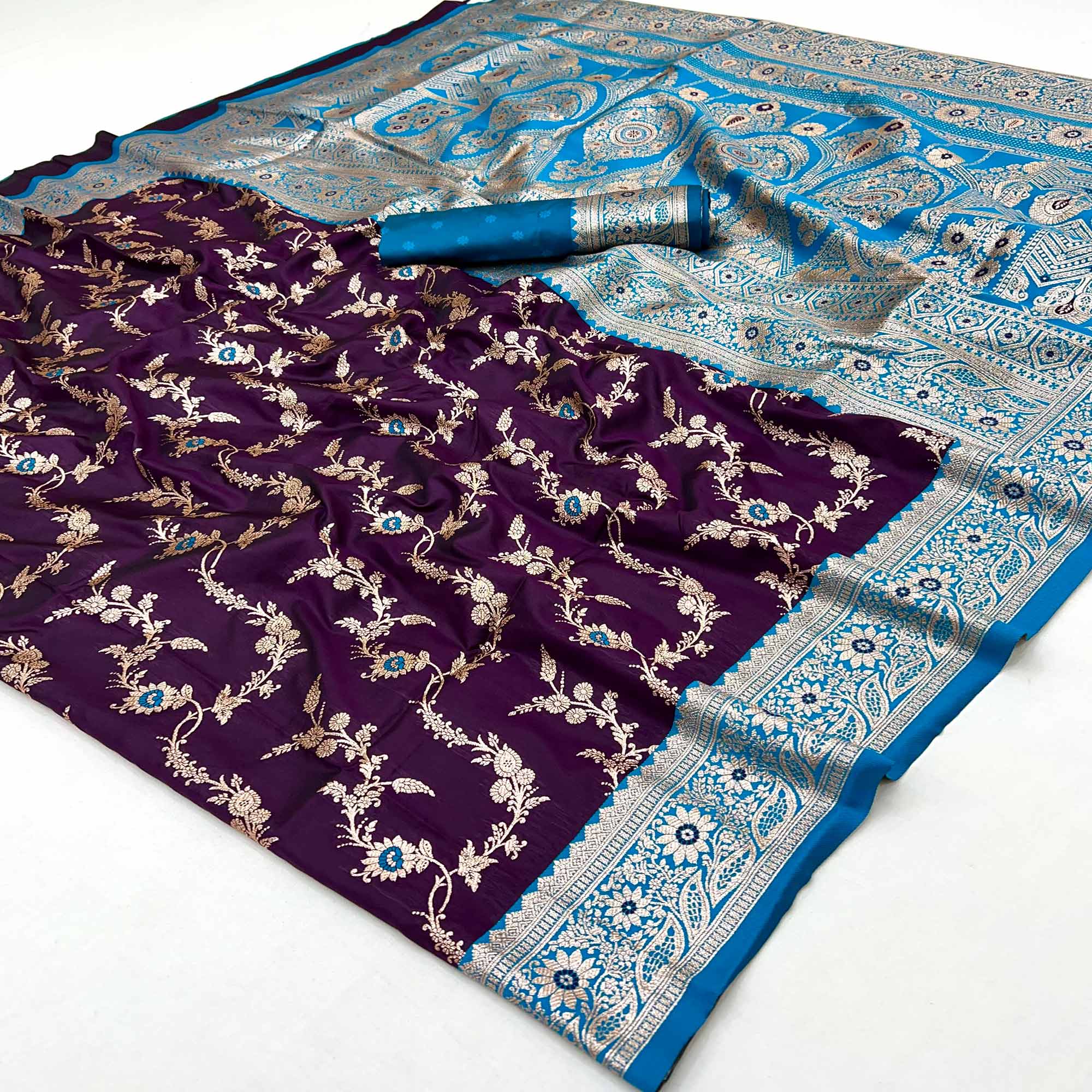Dark Purple Art Silk Saree With Intricate Floral Banarasi Zari Weaving