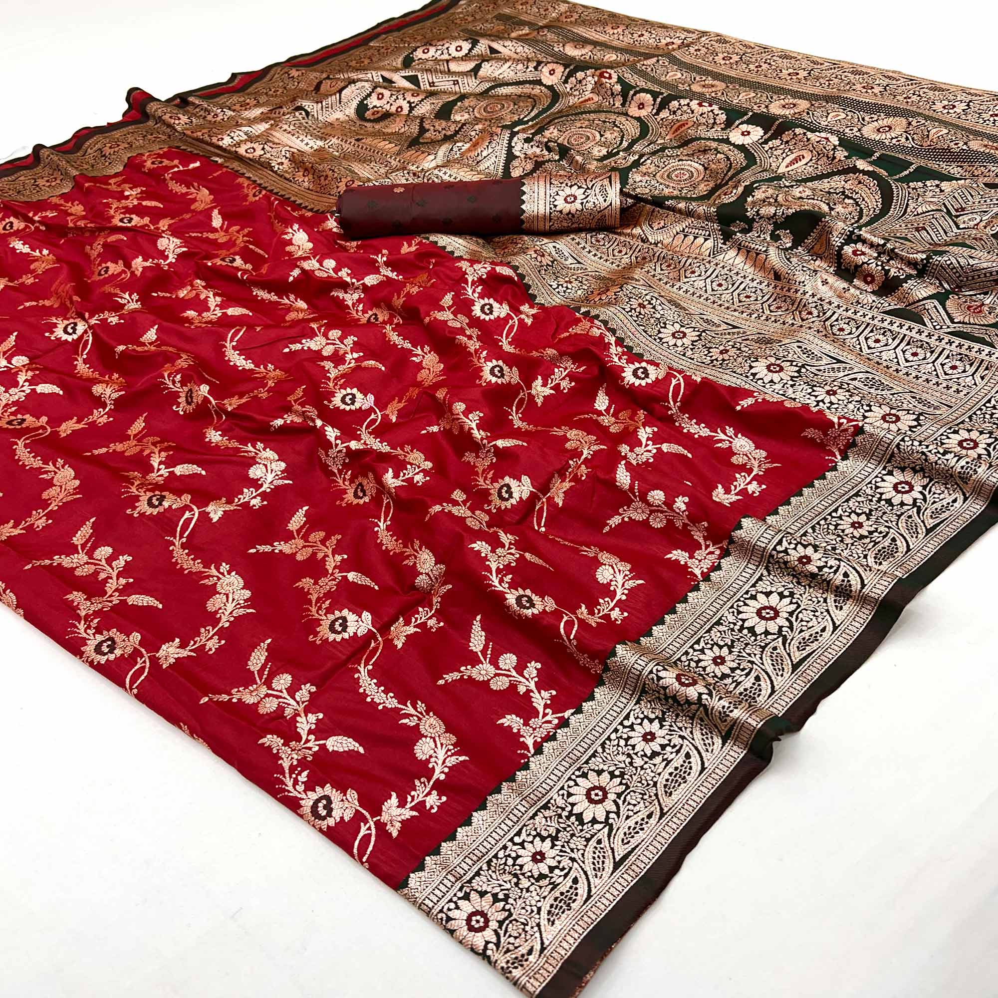 Red Art Silk Saree With Intricate Floral Banarasi Zari Weaving