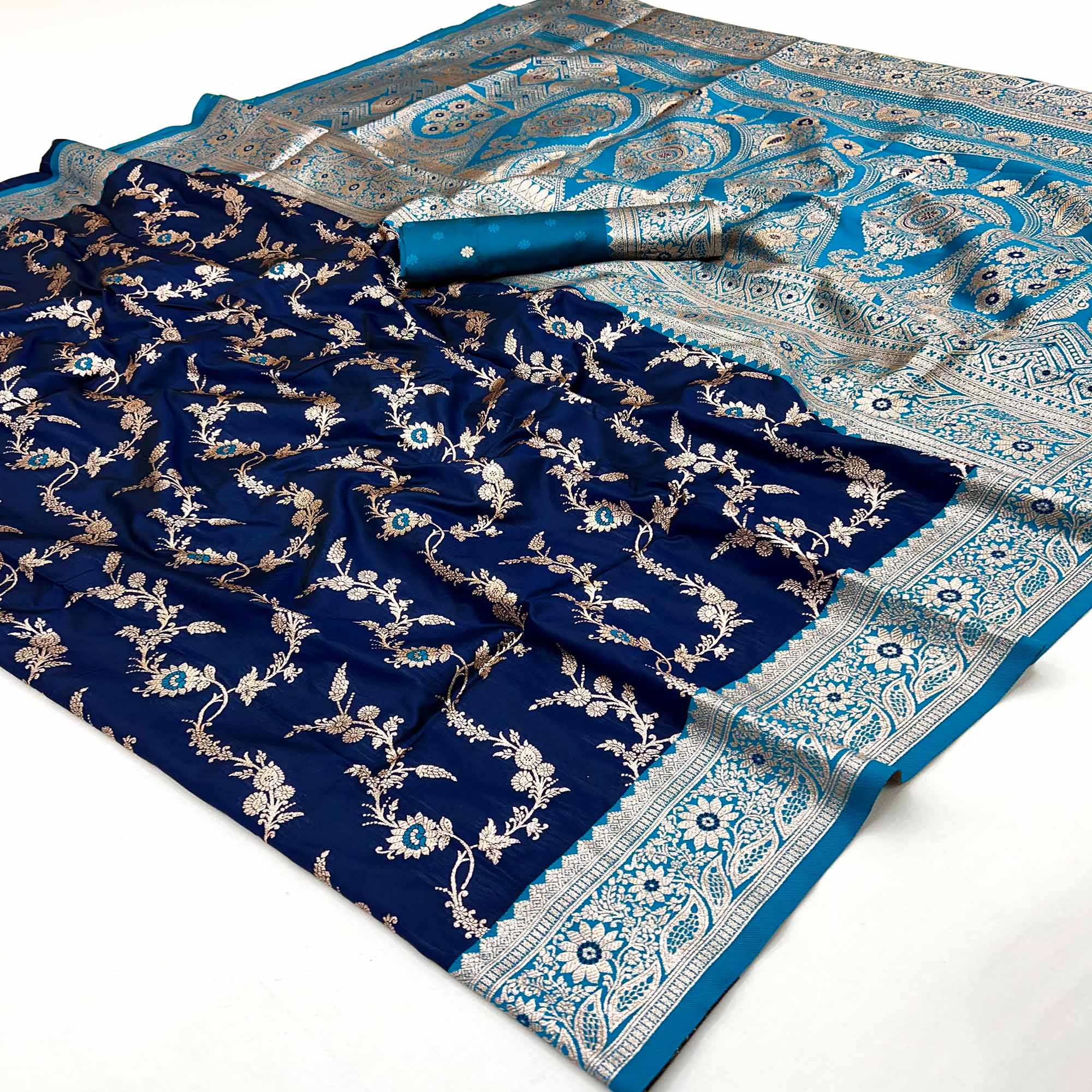 Navy Blue Art Silk Saree With Intricate Floral Banarasi Zari Weaving