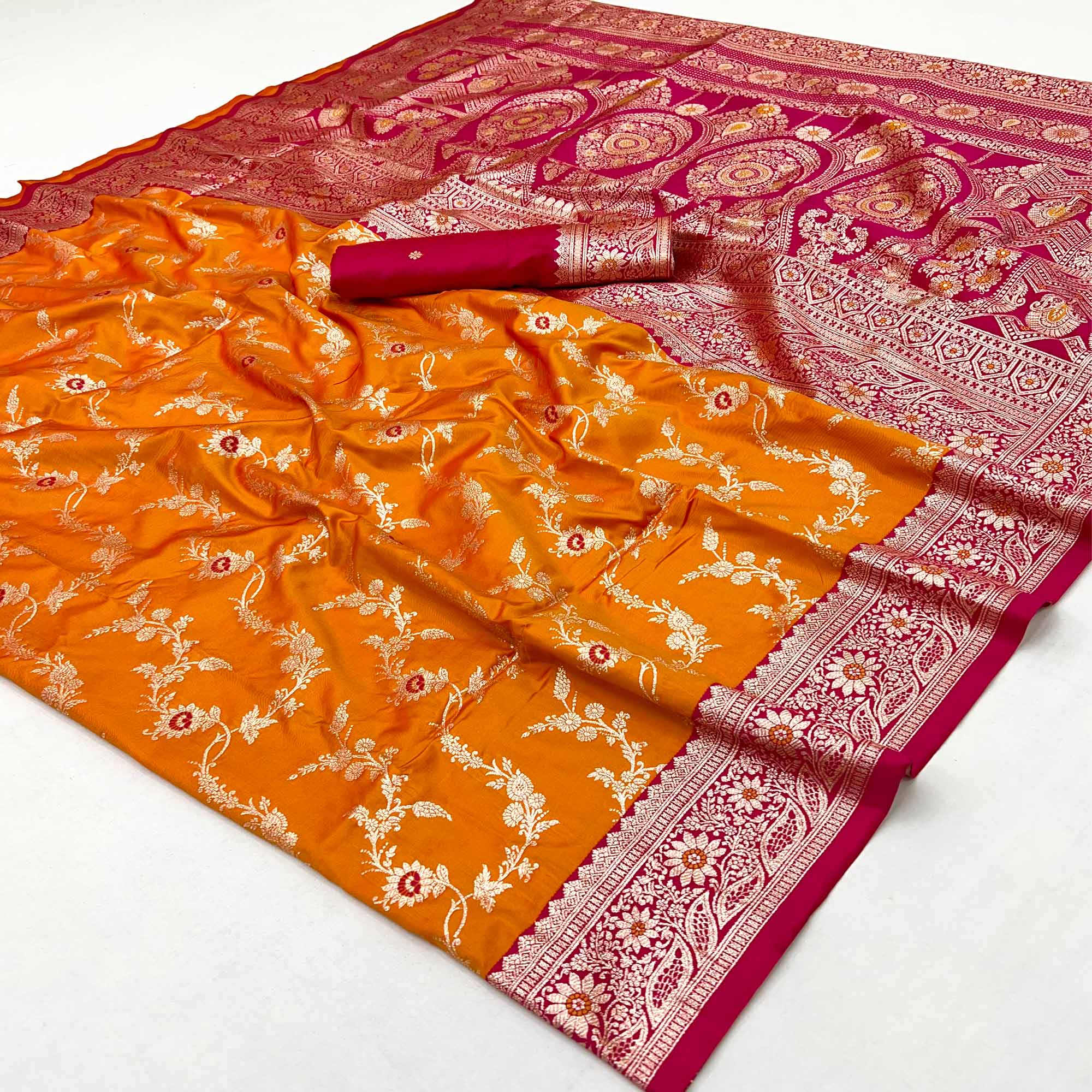 Orange Art Silk Saree With Intricate Floral Banarasi Zari Weaving