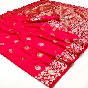 Pink Art Silk Saree With Intricate Zari Weave & Majestic Banarasi Pallu