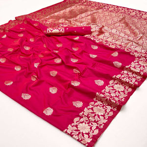 Rani Pink Art Silk Saree With Intricate Zari Weave & Majestic Banarasi Pallu
