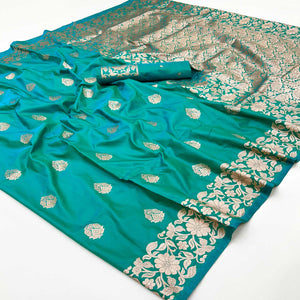 Rama Green Art Silk Saree With Intricate Zari Weave & Majestic Banarasi Pallu