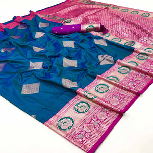 Blue Zari Woven Art Silk Saree With Opulent Banarasi Pallu Work