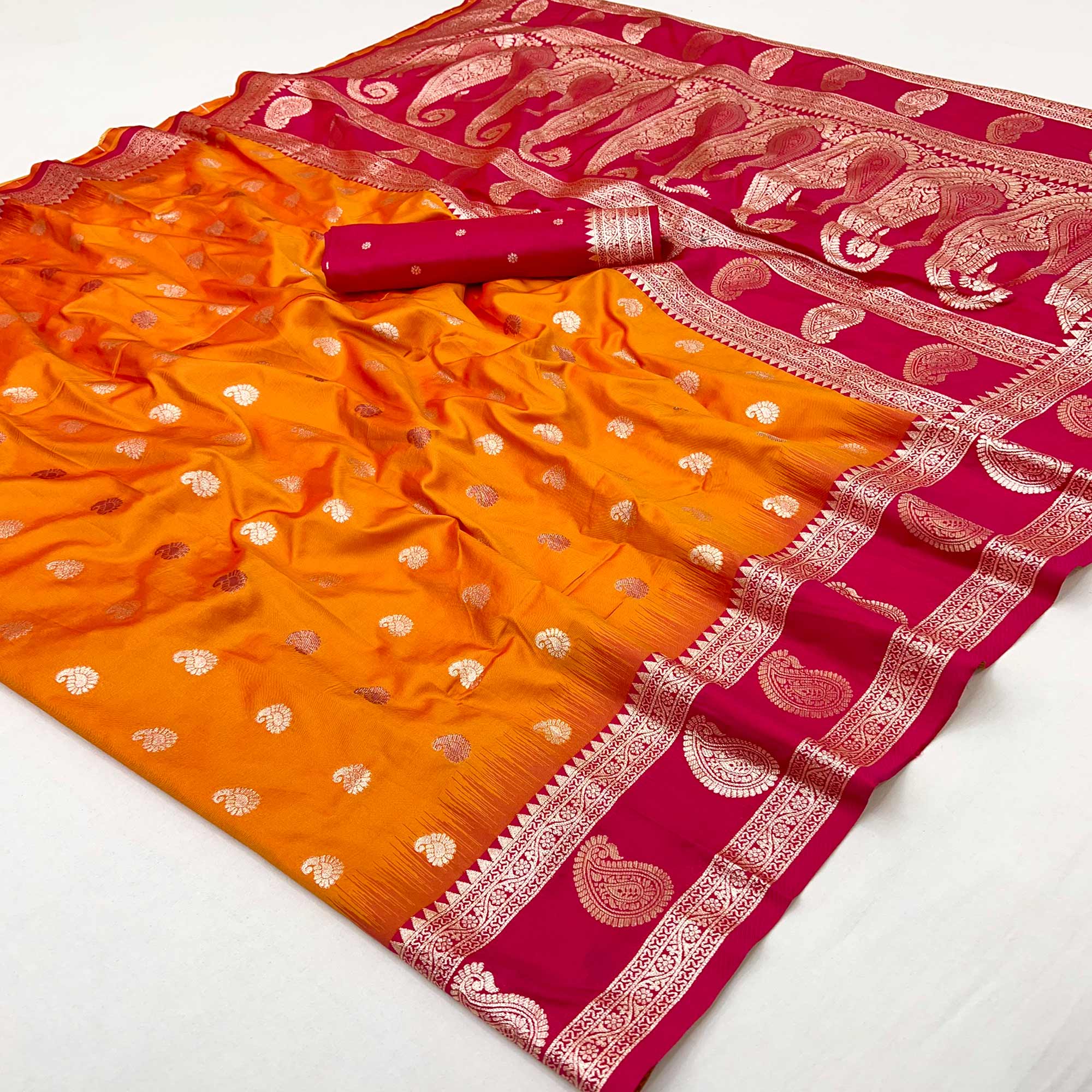 Orange Art Silk Saree Adorned With Zari Woven Paisley Motifs & Rich Banarasi Pallu