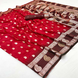Red Art Silk Saree Adorned With Zari Woven Paisley Motifs & Rich Banarasi Pallu