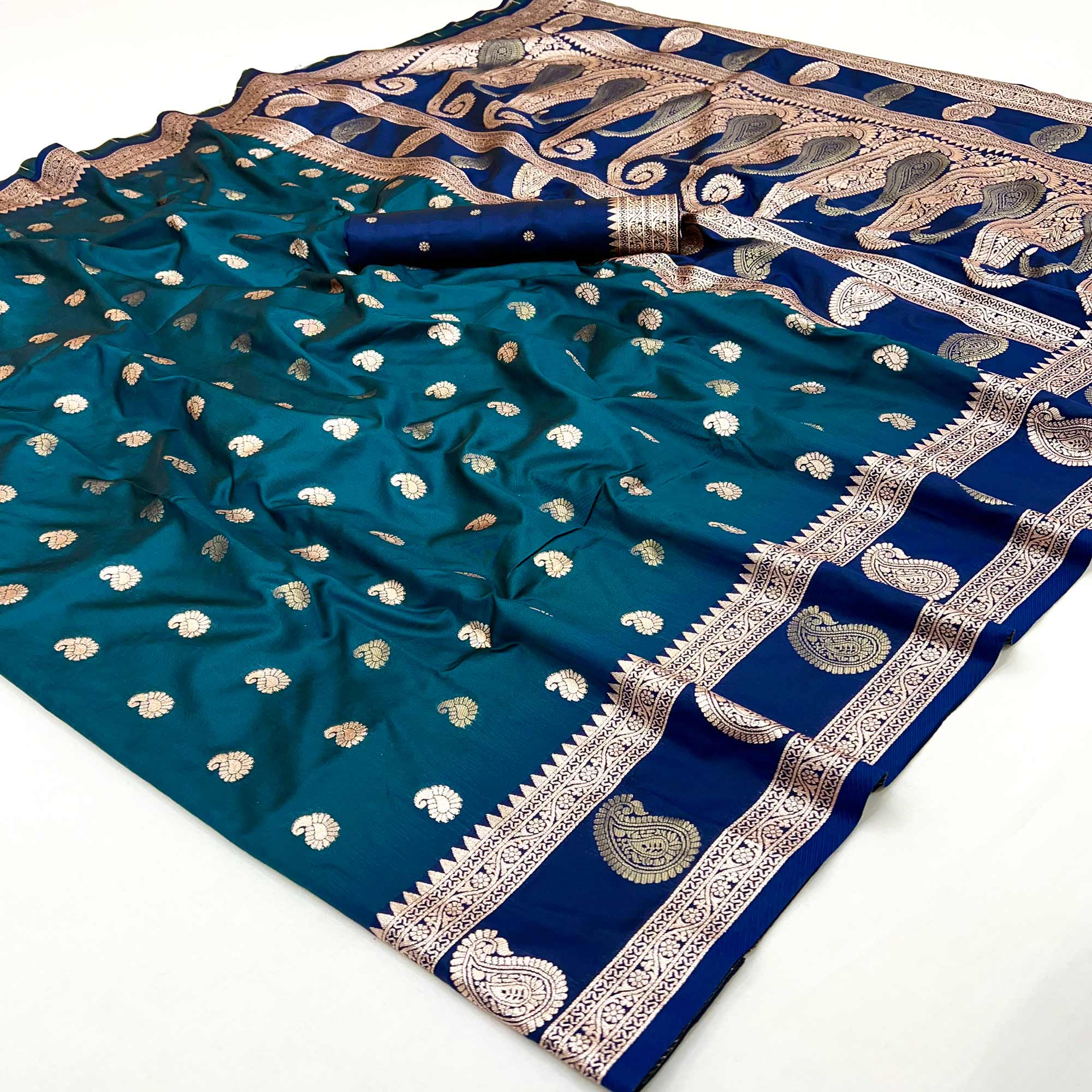 Dark Teal Blue Art Silk Saree Adorned With Zari Woven Paisley Motifs & Rich Banarasi Pallu