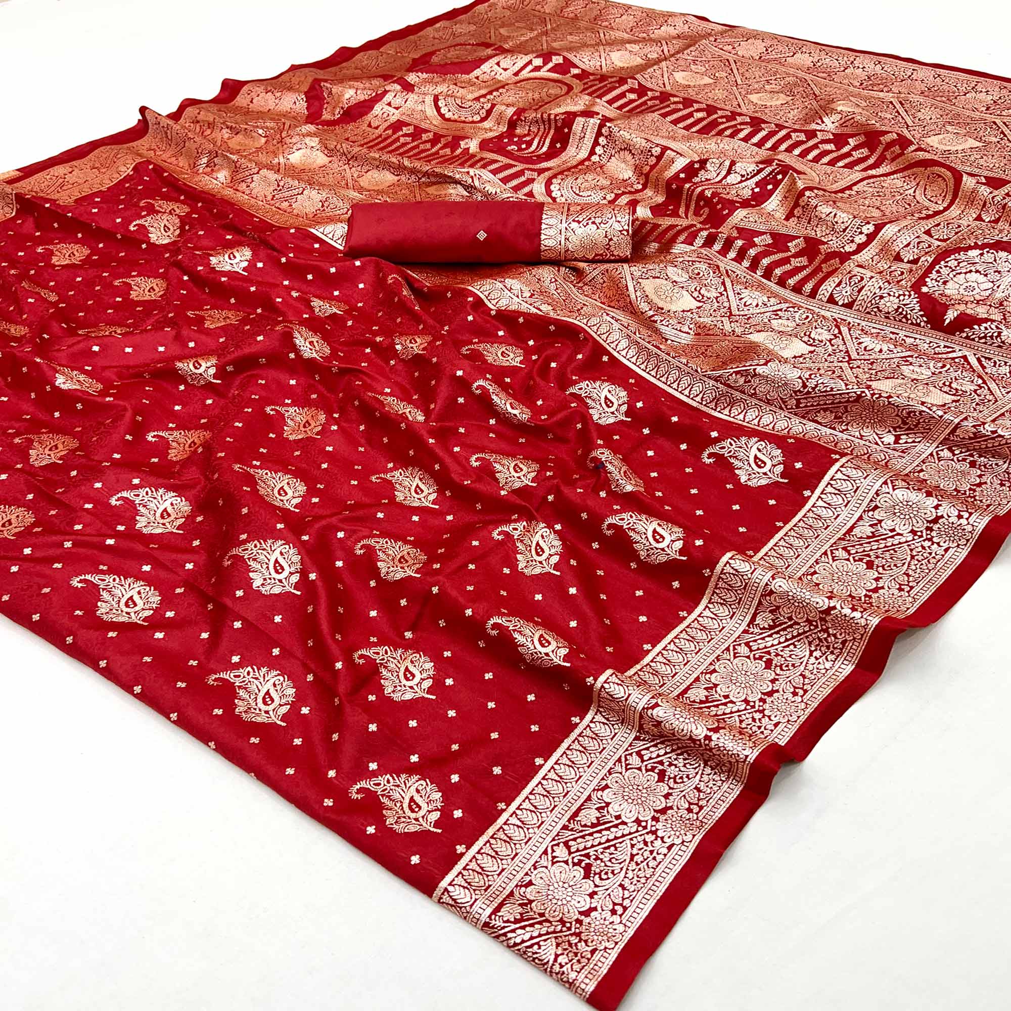 Red Zari Woven Saree in Soft Art Silk with Heritage Paisley Designs