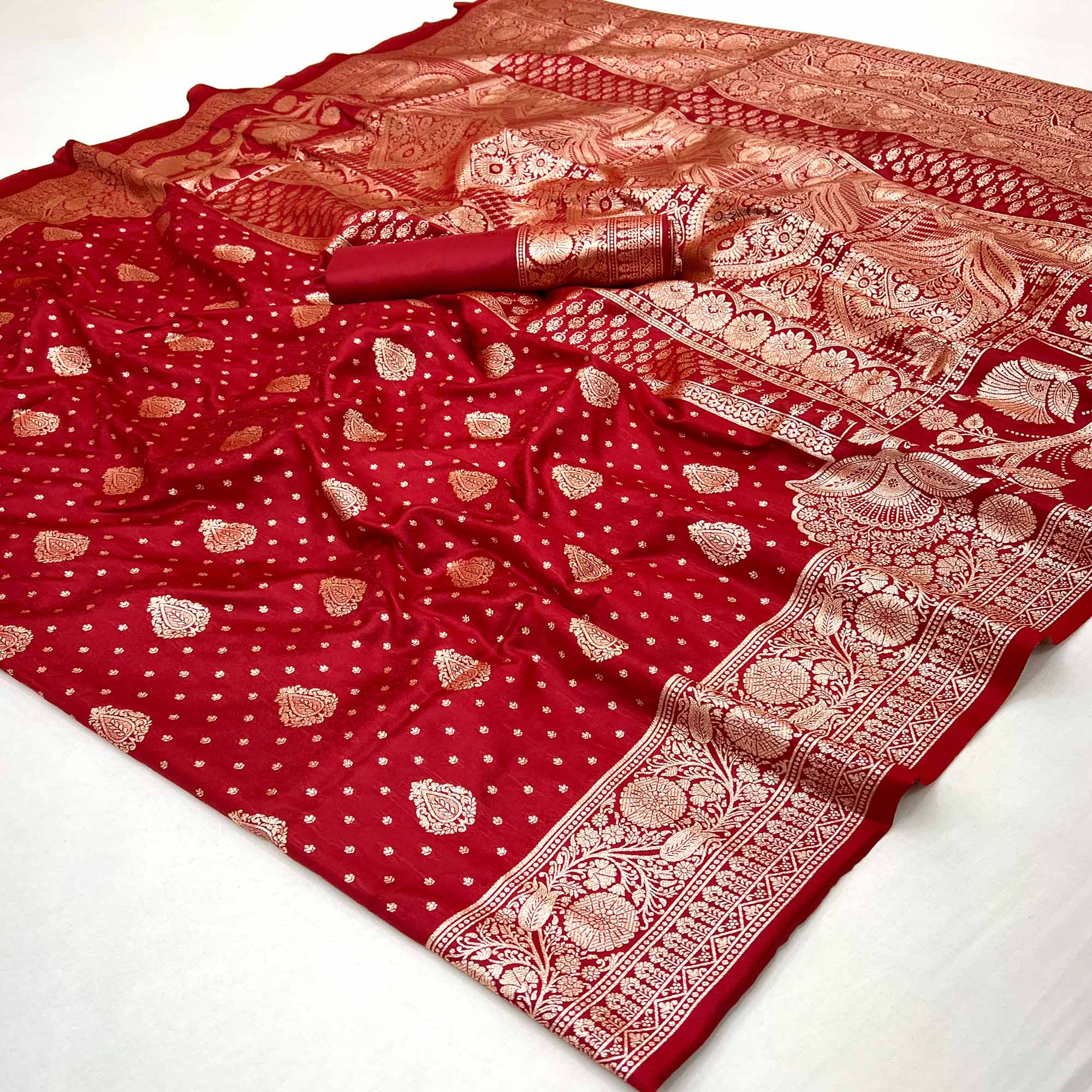 Red Art Silk Saree with Graceful Zari Floral Designs for Wedding and Festive Wear