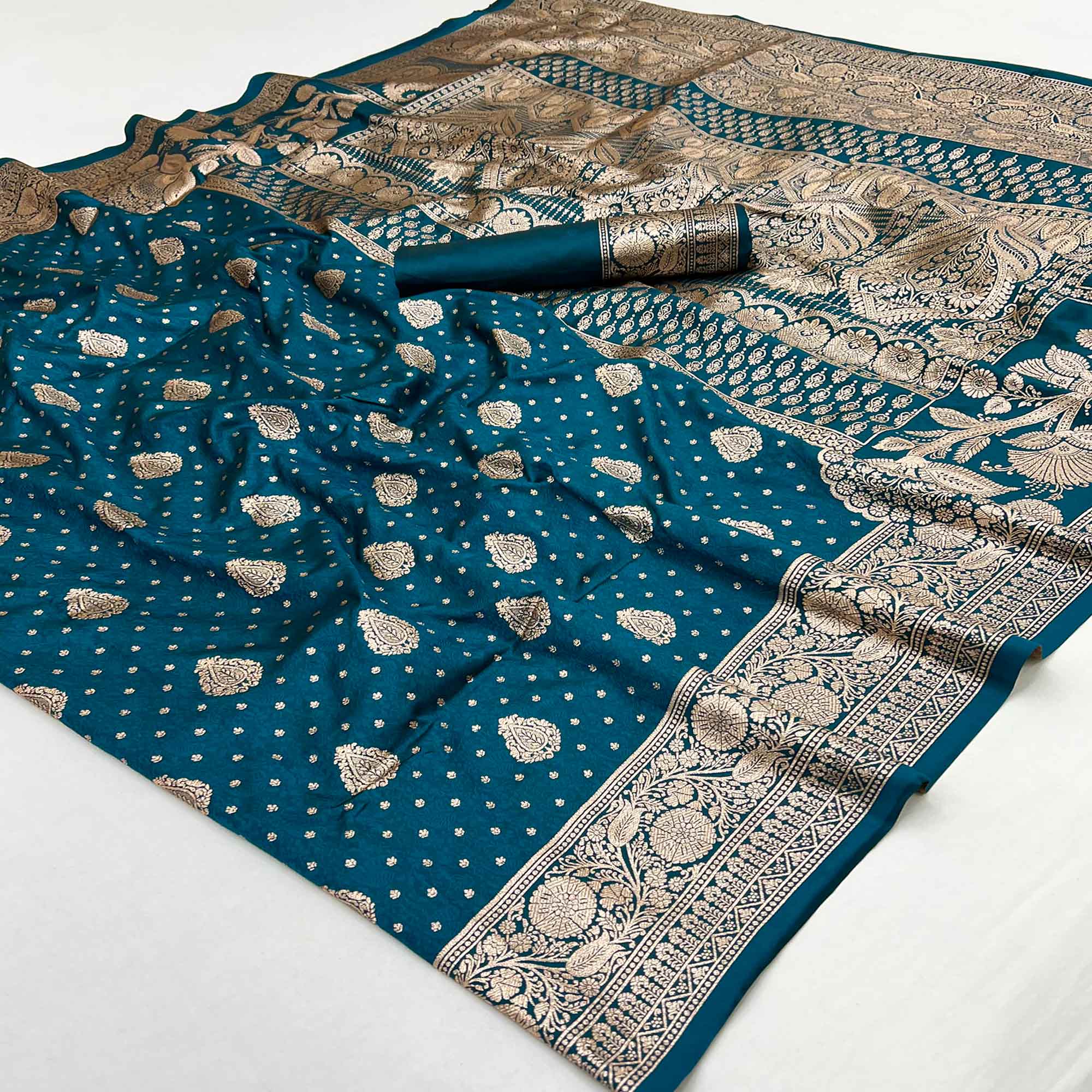 Teal Art Silk Saree with Graceful Zari Floral Designs for Wedding and Festive Wear