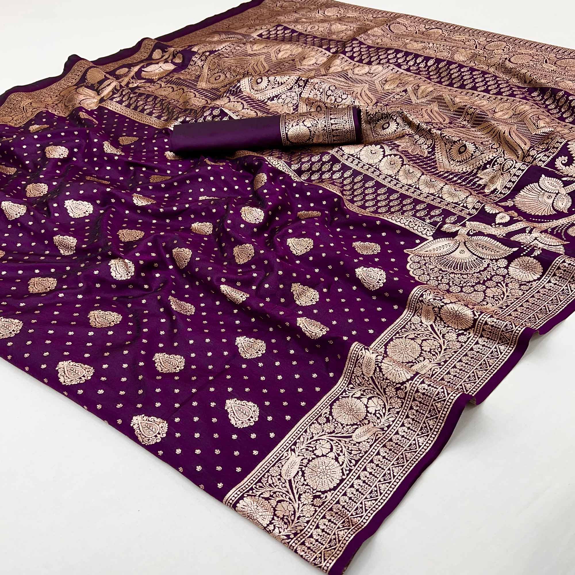 Royal Purple Art Silk Saree with Graceful Zari Floral Designs for Wedding and Festive Wear