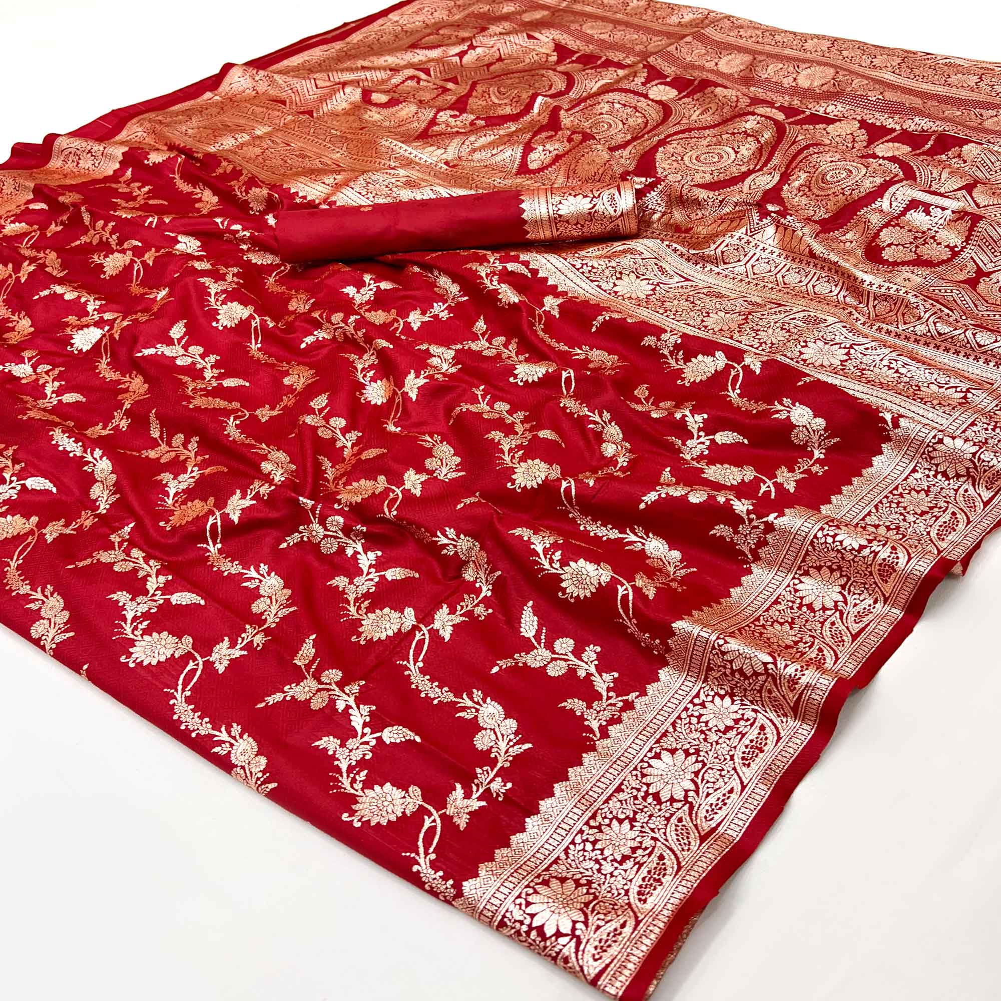 Red Saree in Art Silk Featuring Traditional Zari Woven Floral Motifs for Special Occasions