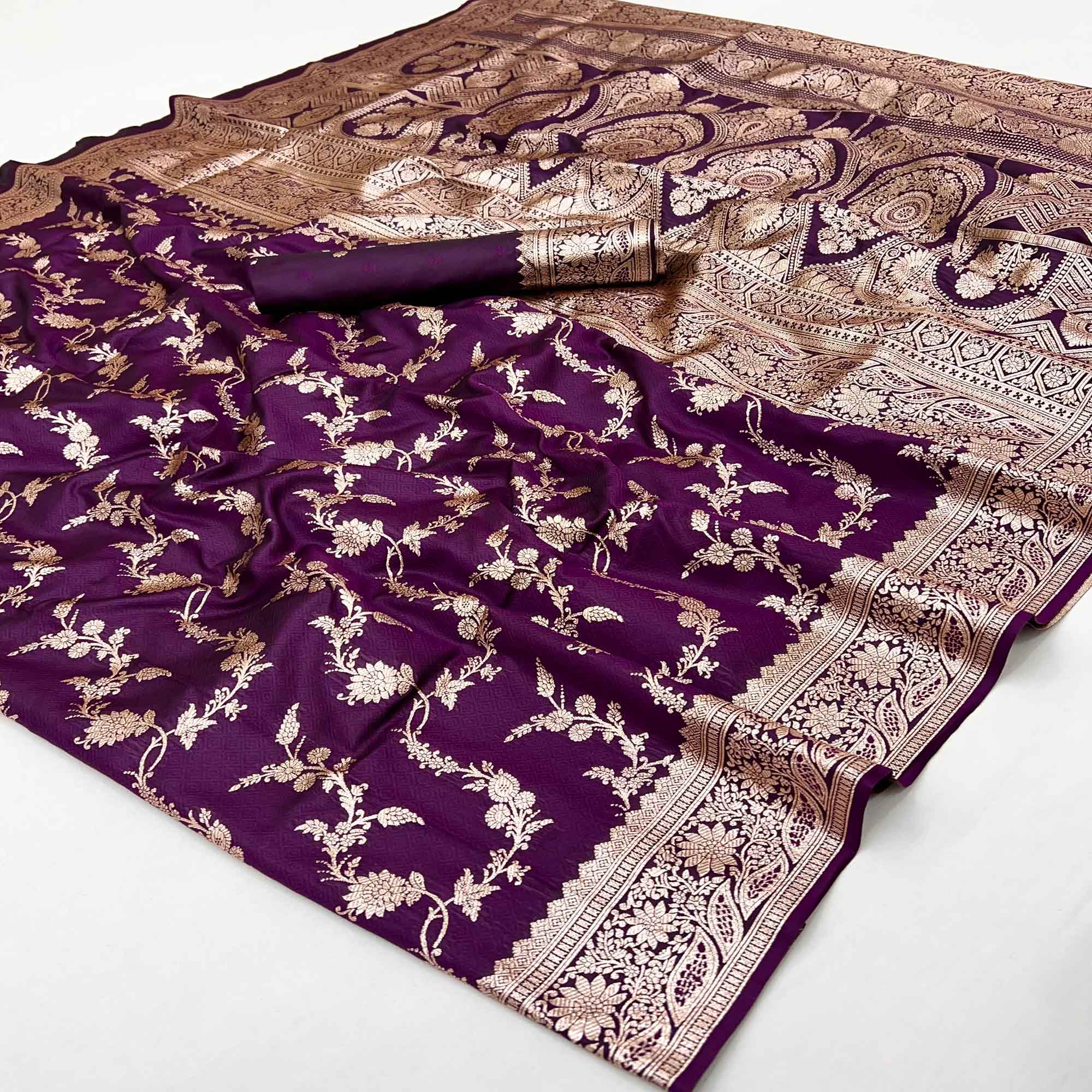 Purple Saree in Art Silk Featuring Traditional Zari Woven Floral Motifs for Special Occasions