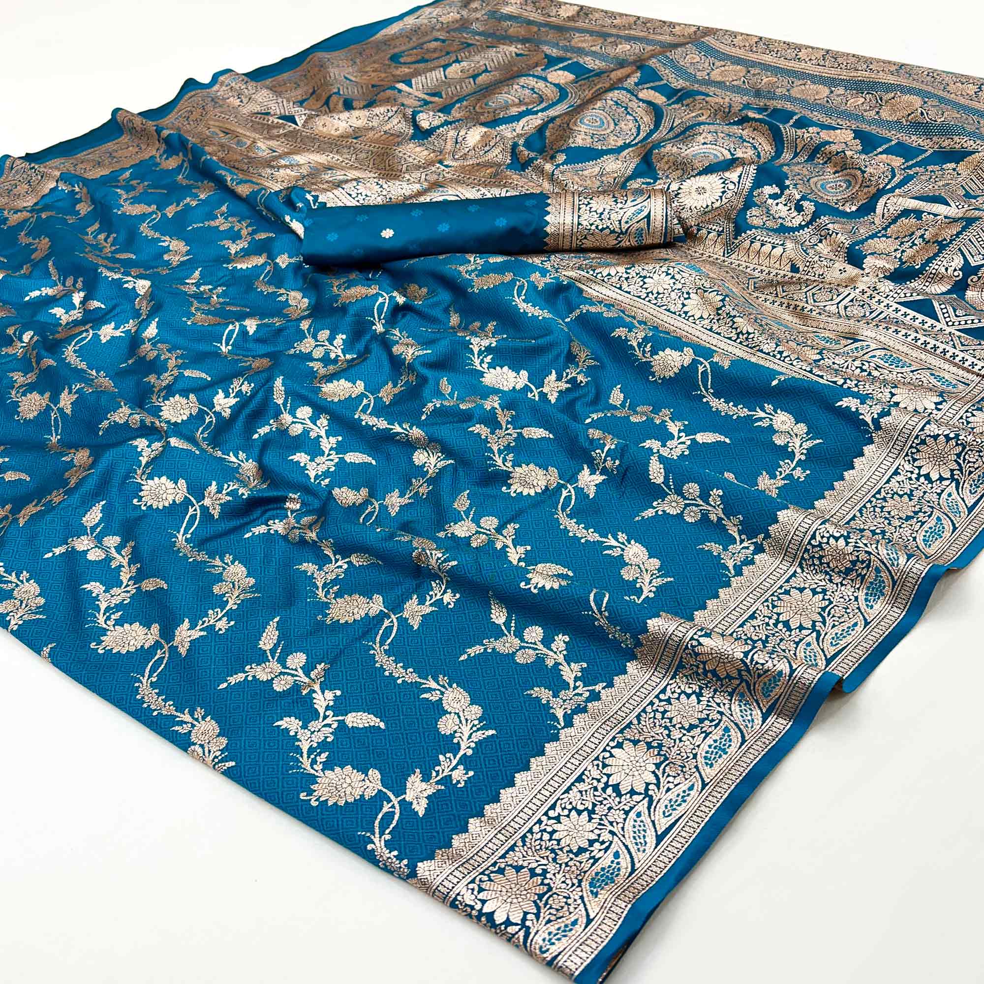 Blue Saree in Art Silk Featuring Traditional Zari Woven Floral Motifs for Special Occasions