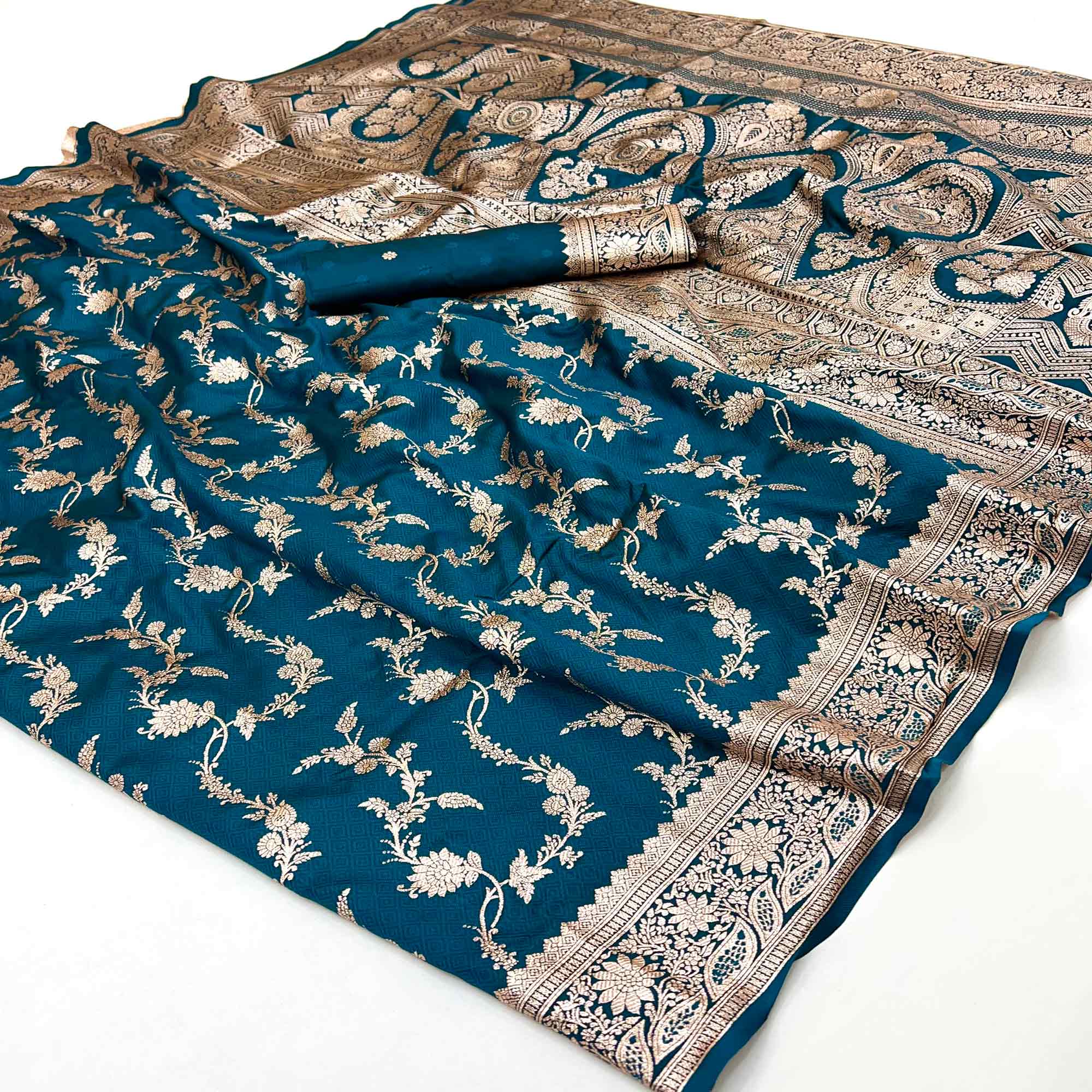 Teal Saree in Art Silk Featuring Traditional Zari Woven Floral Motifs for Special Occasions