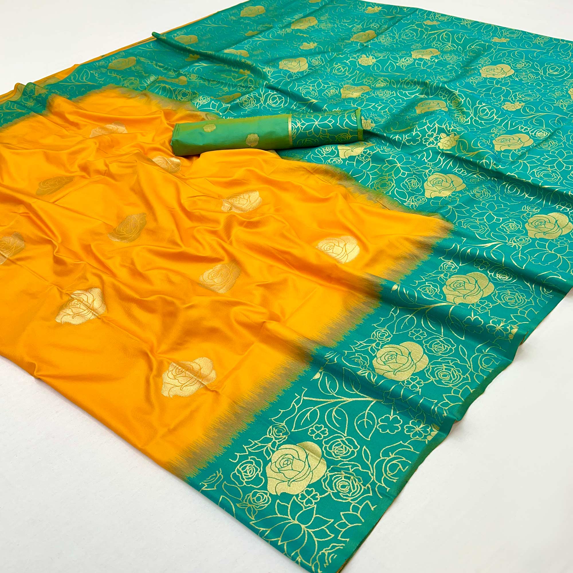 Mustard Art Silk Saree Embellished With Delicate Floral Zari Weaving Craftsmanship